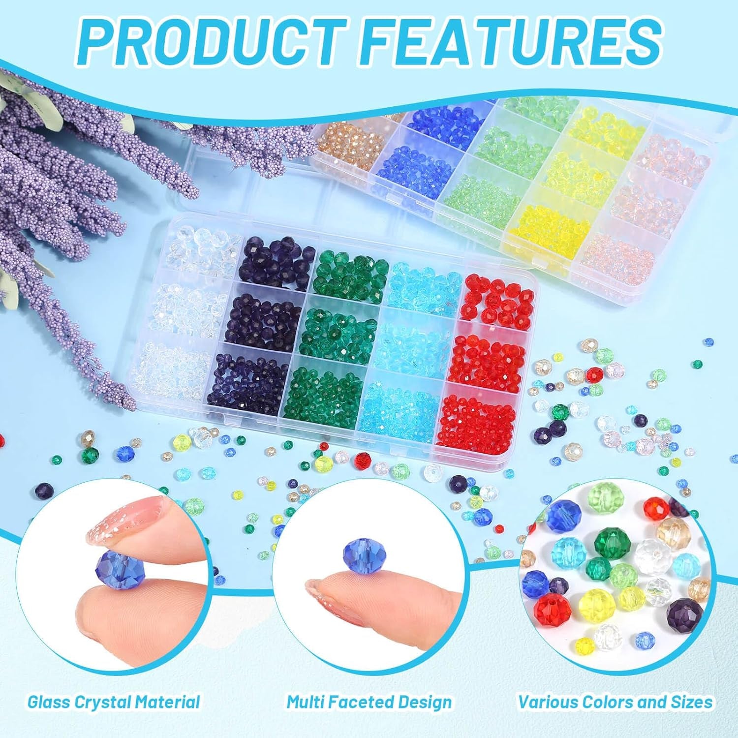 2000 Pcs Briolette Crystal Glass Beads for Jewelry Making, Rondelle Crystal Beads for Crafts and Suncatchers, 10 Coloers, 3 Sizes(4Mm, 6Mm, 8 Mm)