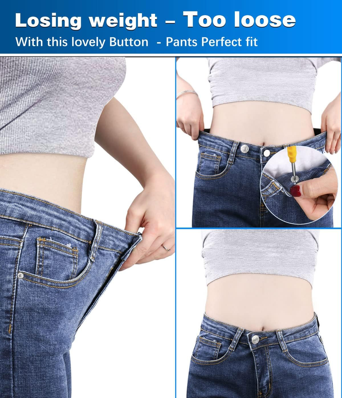 Jeans Button Replacement No Sew:  24 Sets Metal Buttons for Pants - Instant Adjustable Button - Tighten Waist Size by 1 Inch or Extend an Extra Inch - Contains a Removable Screwdriver