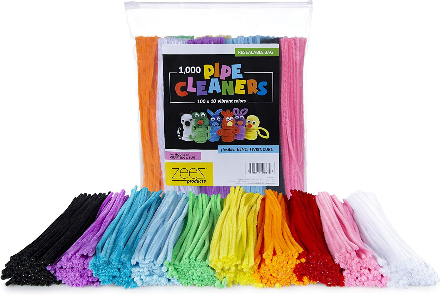 1,000 Pipe Cleaners in 10 Assorted Colors, Value Pack of Chenille Stems for DIY Arts and Craft Projects and Decorations - 6Mm X 12 Inches (1000)