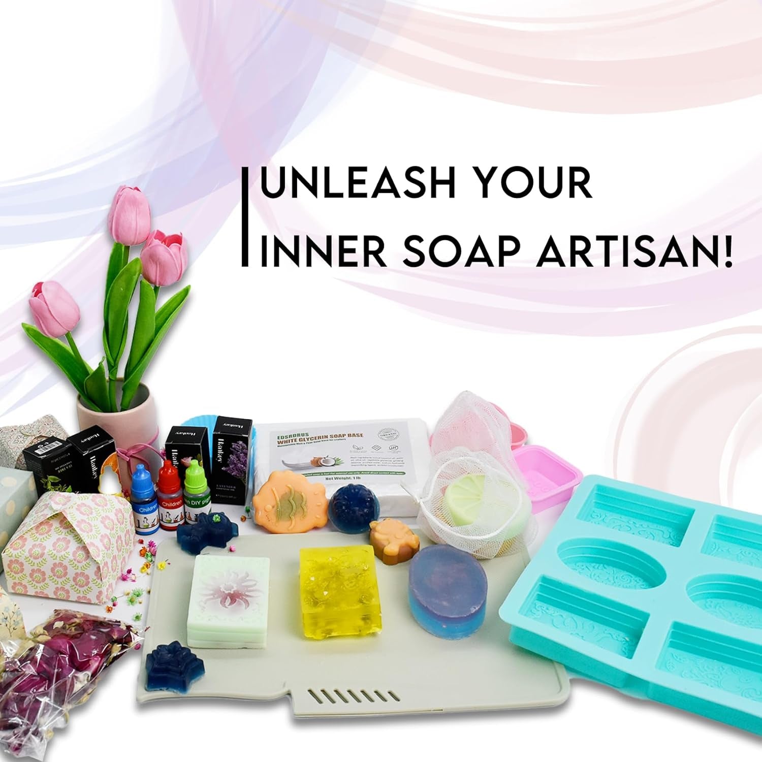 Soap Making Kit for Adults & Kids - Soap Making Supplies with 2Lbs Glycerin Soap Base, Silicone Molds, Dried Petals, Fragrance Oils, Pigments & More - Fun, Easy, Creative DIY Craft Kits