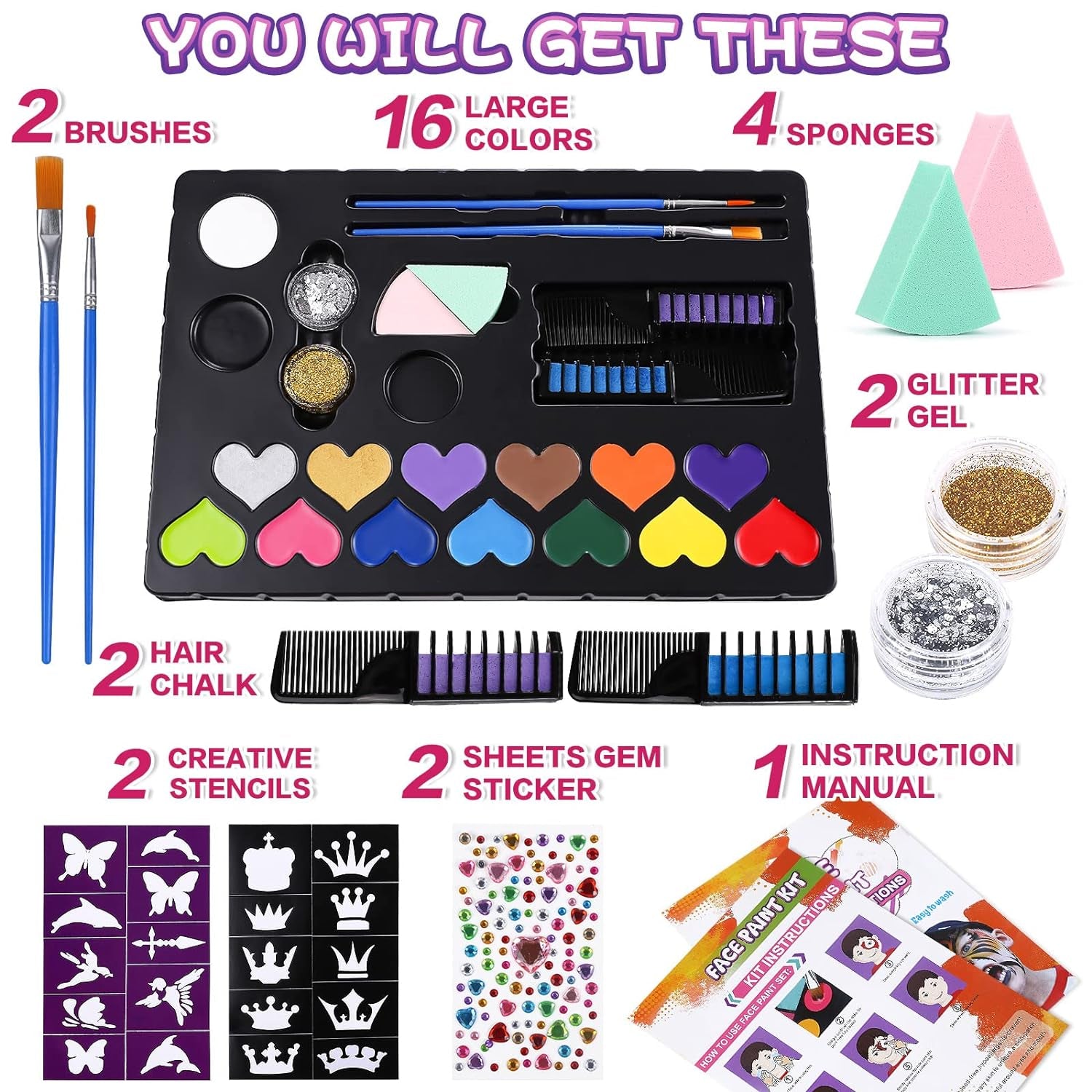 Face Painting Kit for Kids, 15 Colors Non-Toxic Water Based Face Paint Kits, Brushes Sponges Glitters Gem Sheet Stencils Hair Chalk Halloween Makeup Kit Professional Kids Face Paint Kit