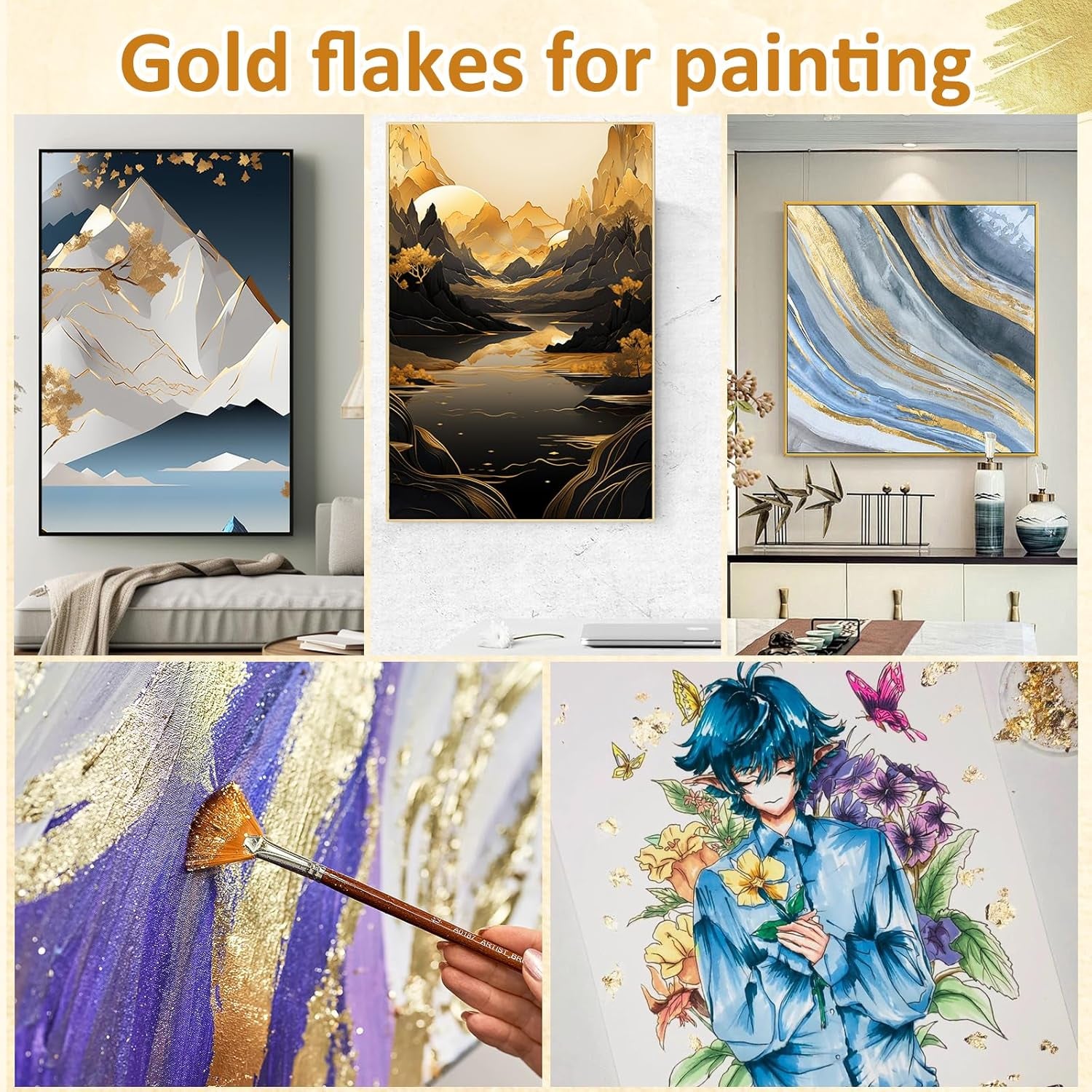 Gold Foil Flakes for Resin -15G, Jewelry Making, Imitation Gold Foil Flakes Metallic Leaf for Nails, Painting, Crafts, Slime and Resin Jewelry Making (Gold, Silver, Copper Colors)