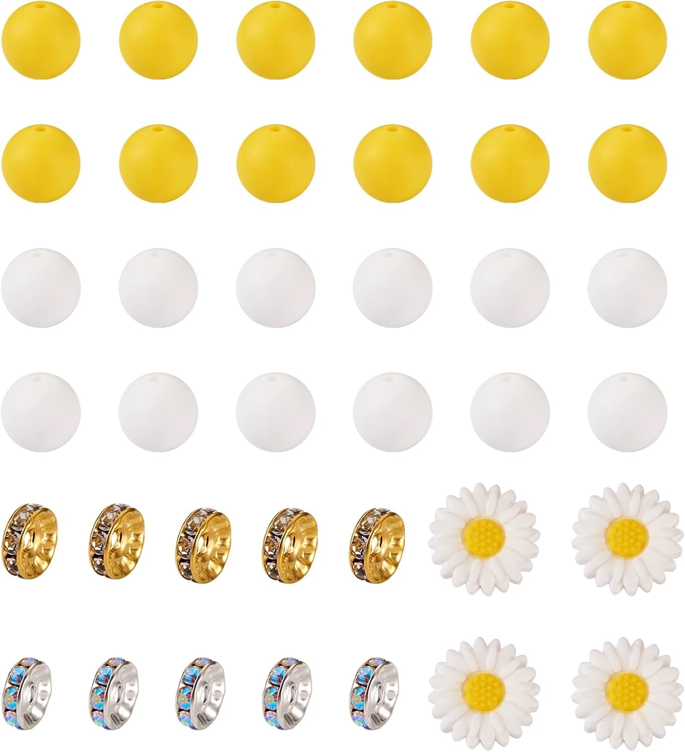 65Pcs Daisy Flower Silicone Focal Beads Yellow Silicone Rubber Beads Summer Focal Bracelet Beads Glass Rhinestone Beads for Necklace Spring’S Festival Jewelry Making