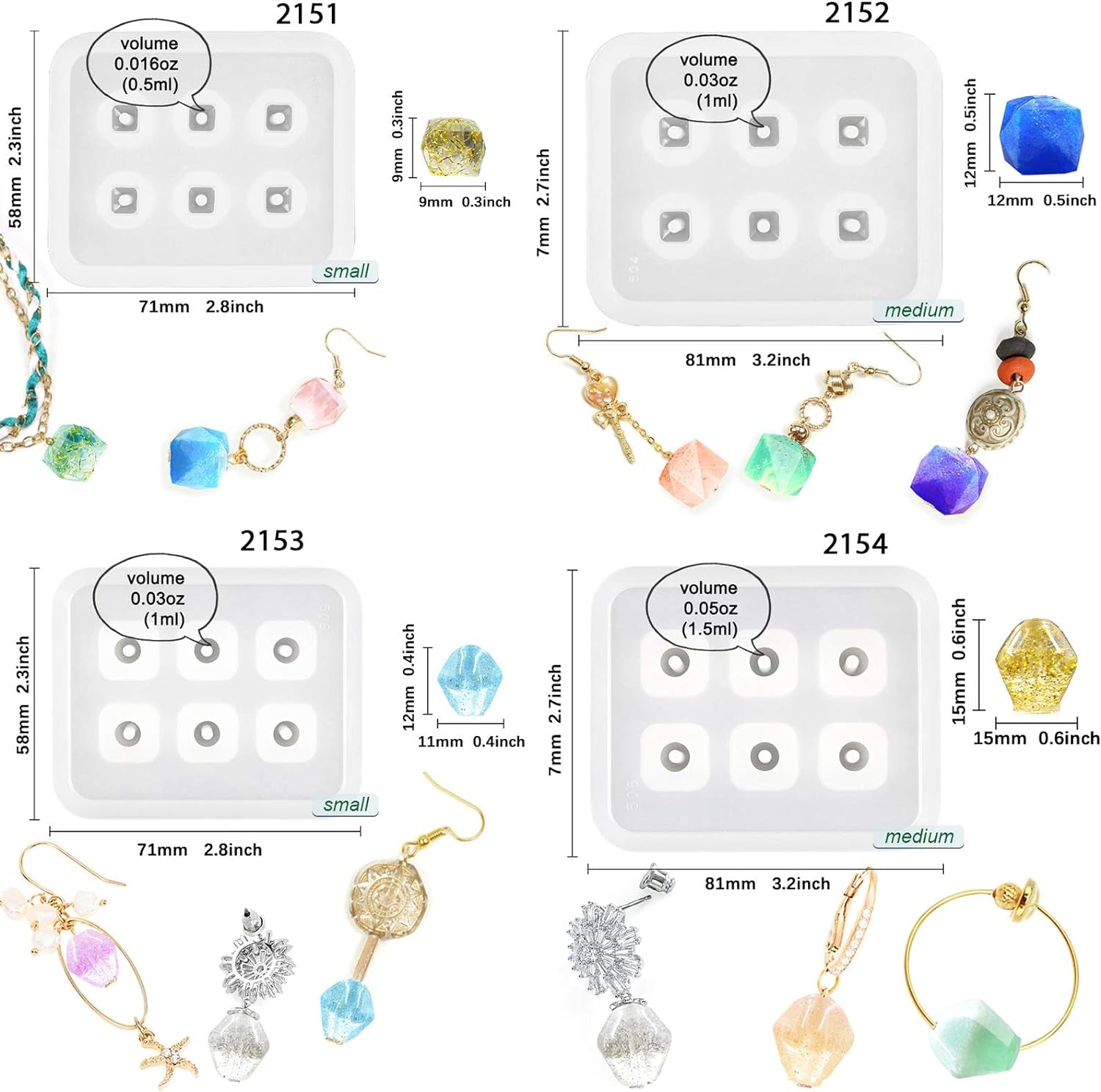 Beads Resin Molds with Hole for Gemstone Cabochon Jewelry Casting 14-Count