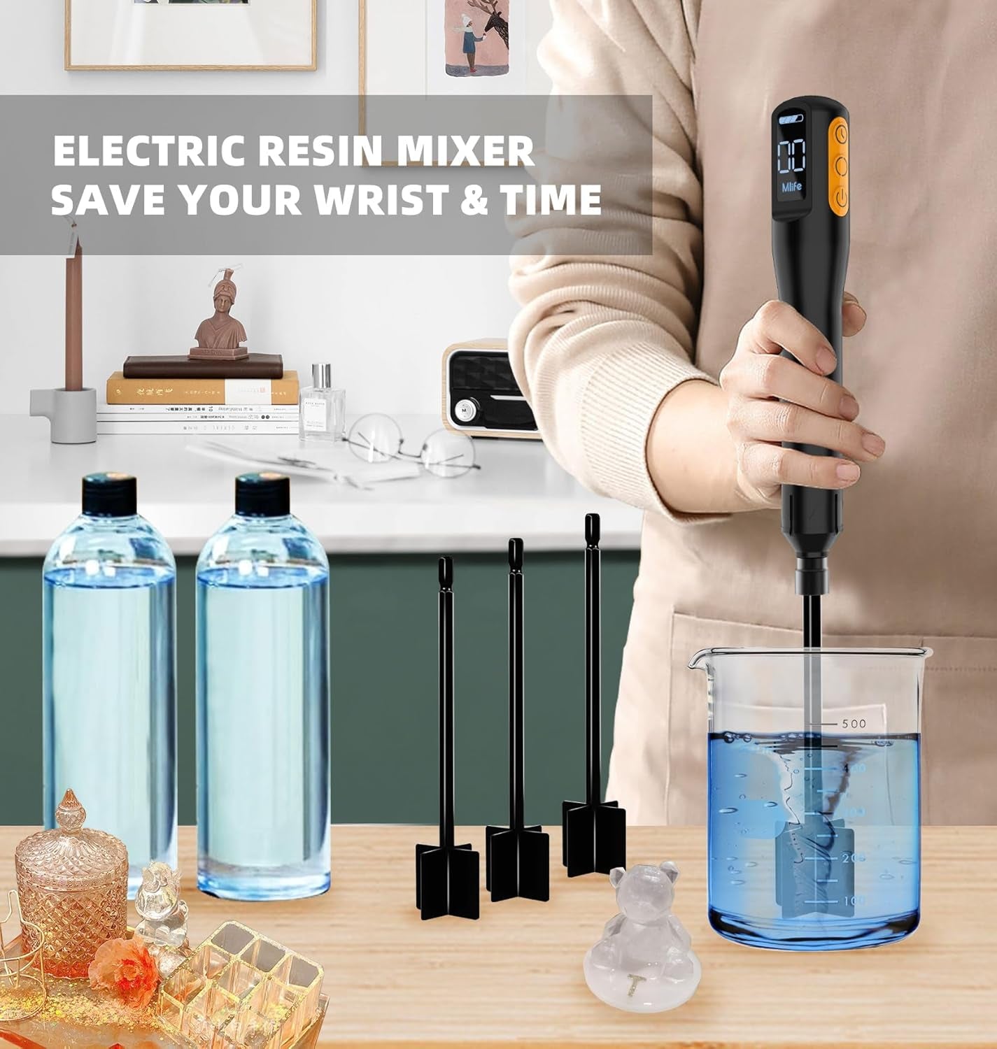 Epoxy Resin Mixer, Rechargeable Handheld Mixer, Epoxy Mixer for Resin with 4PCS Mixing Paddles,Resin Mixer Electric for Epoxy Resin, Silicone, Paint Mixing, DIY Crafts,Epoxy Stirrer(Light Green)