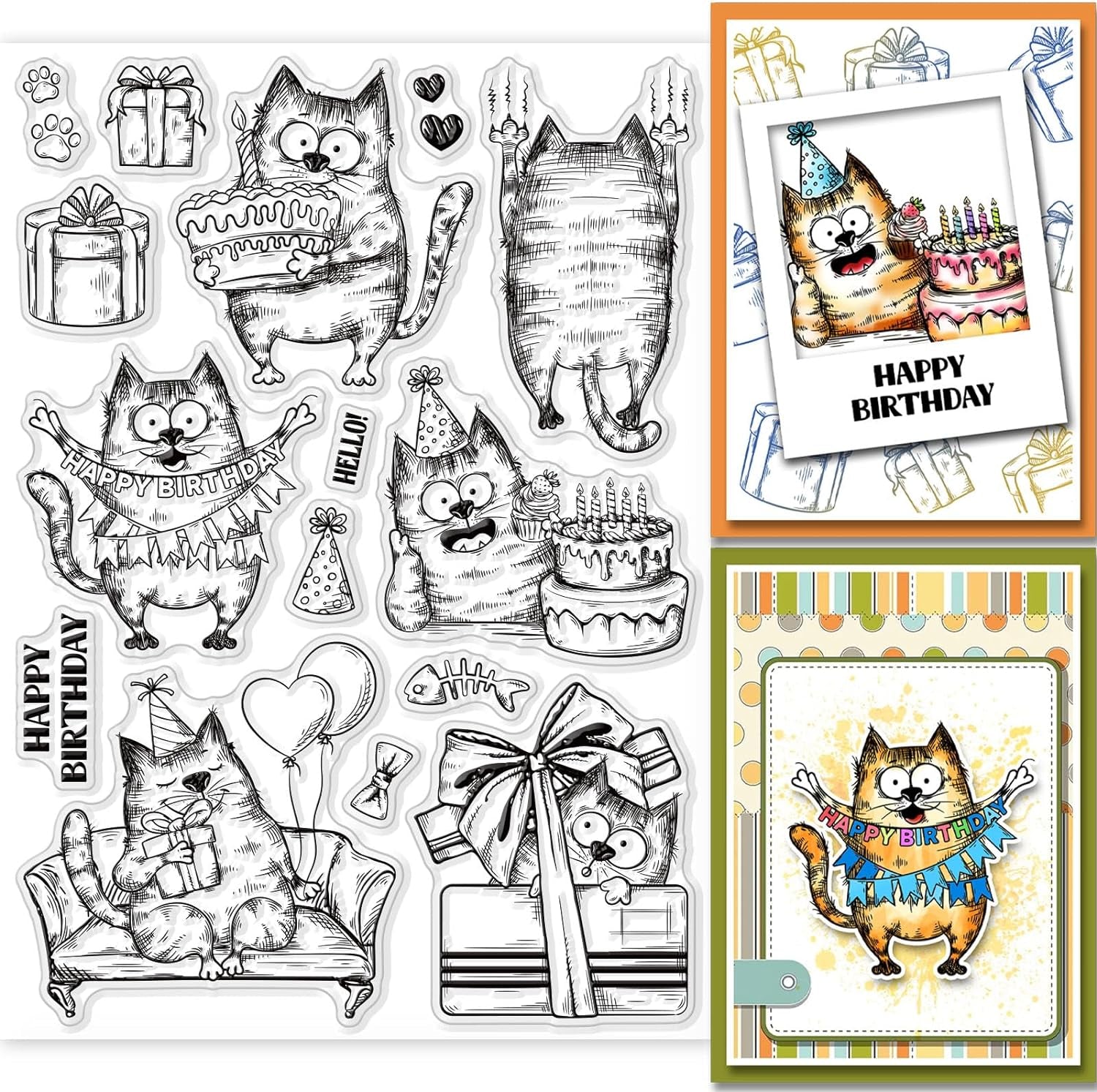 8.3×5.8In Birthday Cats Animal Clear Stamp Sofa Cat Birthday Cake Silicone Clear Stamp Gift Box Seals for DIY Scrapbooking Journals Decorative Cards Making Photo Album Decorative