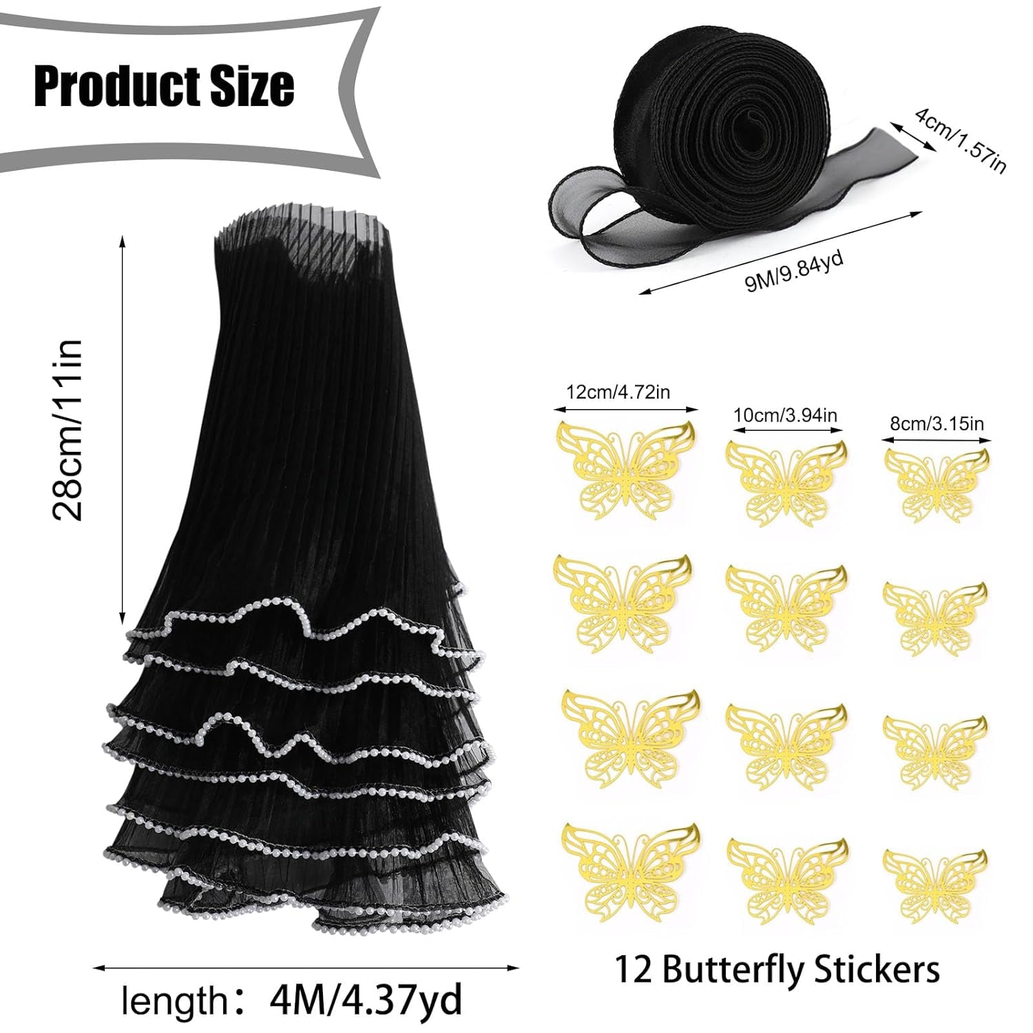 Black Flower Wrapping Paper Kit - 4.37 Yards Pearl Lace Mesh for Bouquets, Wave Tulle with Ribbons and 3D Butterflies - Floral Wrap Florist Supplies (Black)