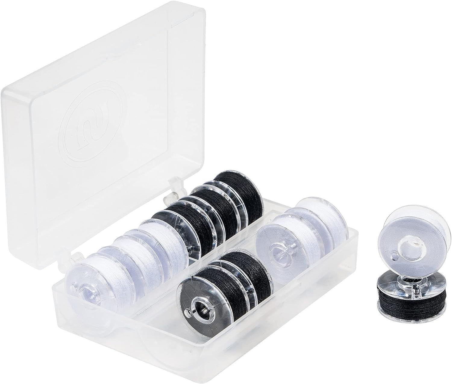 Class 66 Prewound Plastic Bobbins, Transparent – Black &amp; White, 50 Yards Each, Washable and Colorfast Polyester Threaded Bobbins with Storage Case, 12Ct