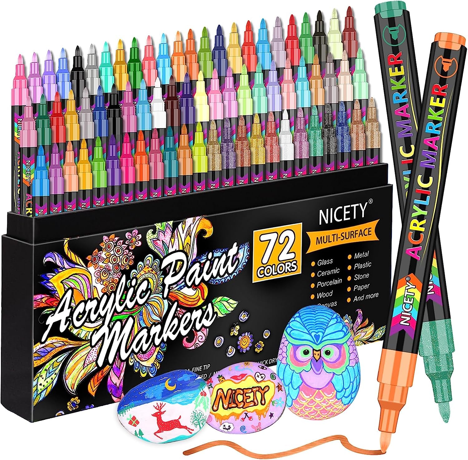 72 Colors Acrylic Paint Pens Paint Markers, Extra Fine Tip Point Acrylic Paint Pens for Rock Painting, Canvas, Wood, Ceramic, Glass, Stone, Fabric, DIY Crafts & Art Supplies
