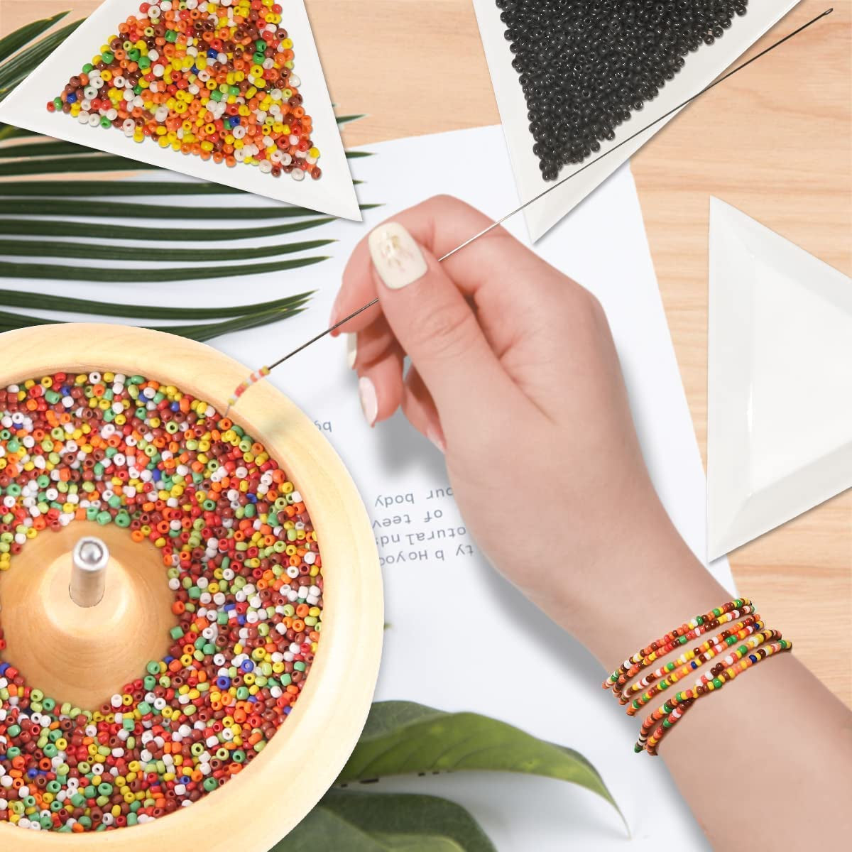 Upgrade Wooden Bead Spinner with 2 Pcs Big Needles,8000 Pcs Seed Beads and 1 Surprise Gift Pack for Jewelry Making Tools,Quickly Stringing Beads Tool, Manual Operated