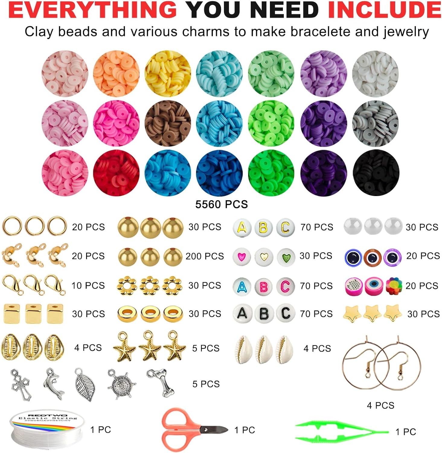 6200 Pcs Clay Beads Bracelet Making Kit, Flat round Polymer Heishi Friendship Bracelet Jewelry Kit with Charms and Elastic Strings for Girls 8-12 Gifts for Kids