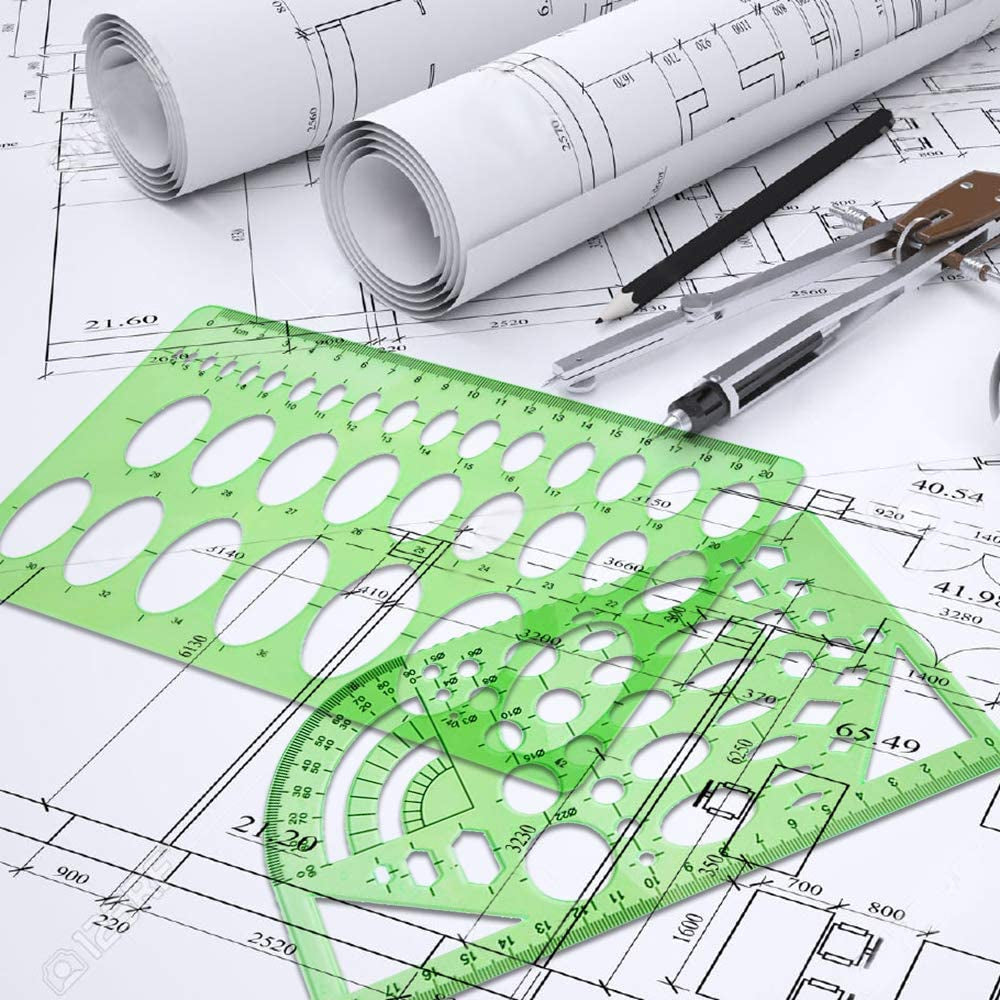 11 Piece Geometric Drawing Template Measuring Ruler, Transparent Green Plastic Ruler with Portable Plastic Bag For, for Studying, Designing and Building