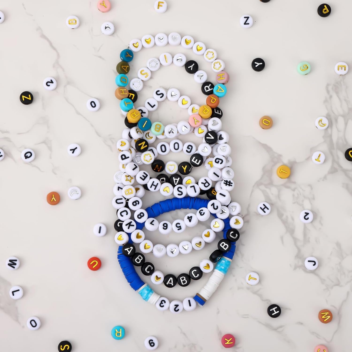 2000Pcs Letter Beads for Bracelets, 9 Color round Alphabet Number Beads with 1 Roll Elastic String for Bracelet Necklace Jewelry Making Supplies (7X4Mm)