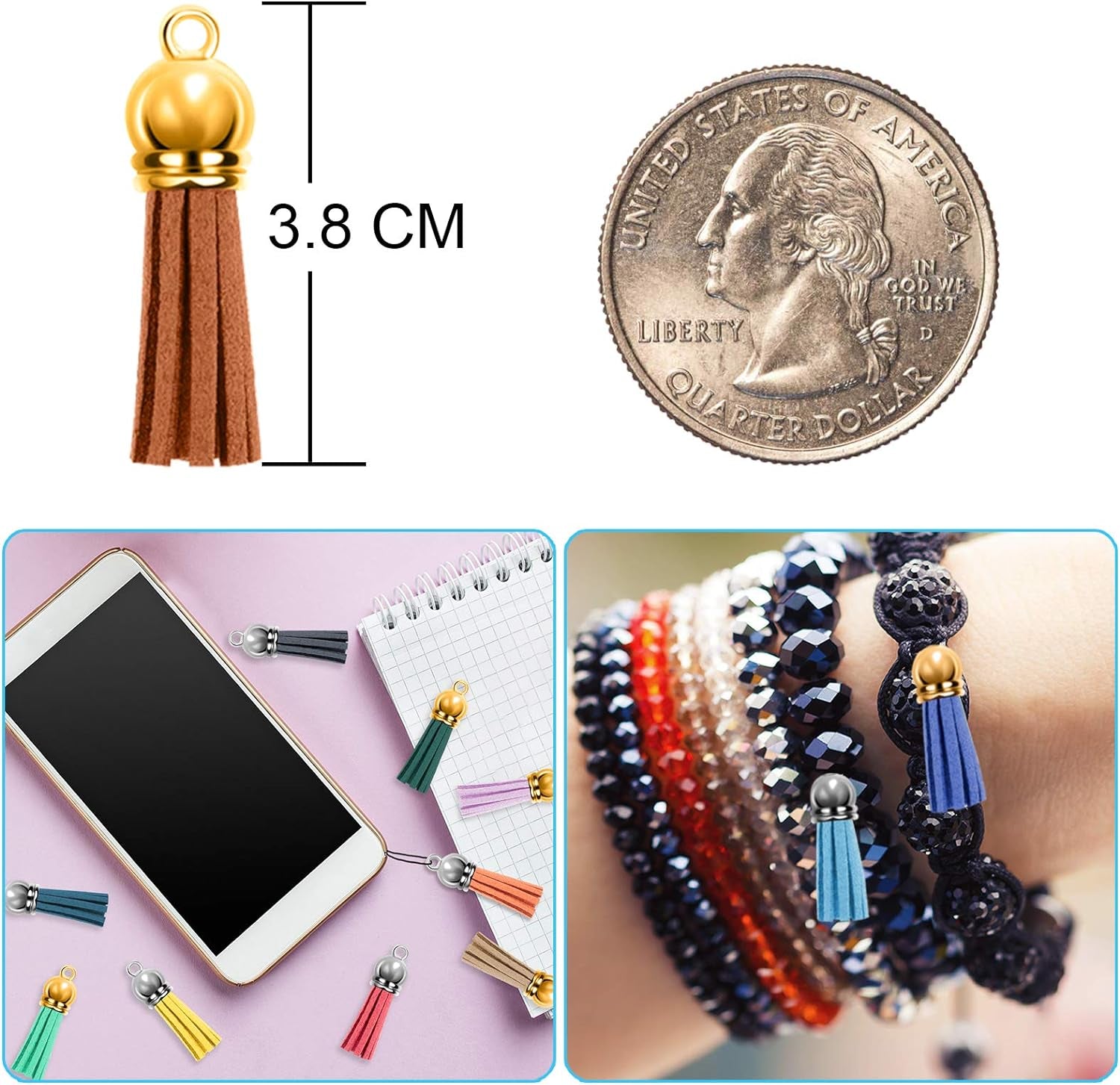 240 Pieces Keychain Tassels Bulk Leather Tassel Pendants Colorful Tassel for Keychain, Craft and DIY Projects, 60 Colors (Gold and Silver Cap)