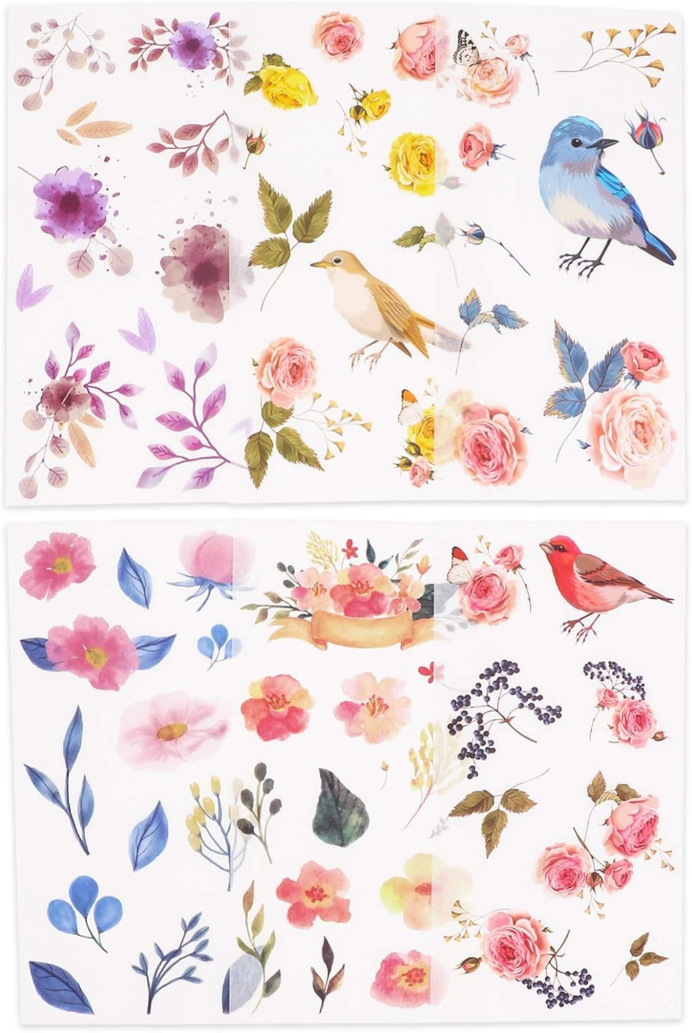 Watercolor Birds and Flowers Stickers Set - Decorative Sticker for Scrapbooking, Kid DIY Arts Crafts, Album, Bullet Journaling, Junk Journal, Planners, Calendars and Notebook