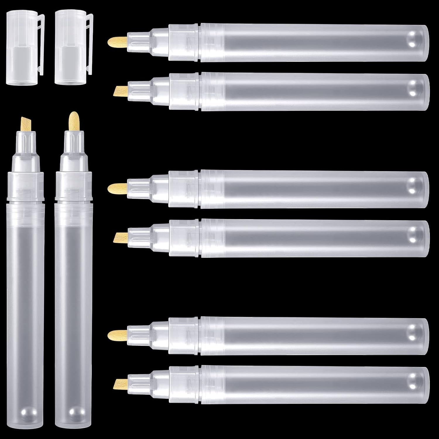 Set of 6 Empty Fillable Blank Paint Pen 3 Mm 6 Mm, Markers round Tilted Flat Head Refillable Paint Pen Fine Tip Markers Acrylic Markers for Oil Painting, Clear