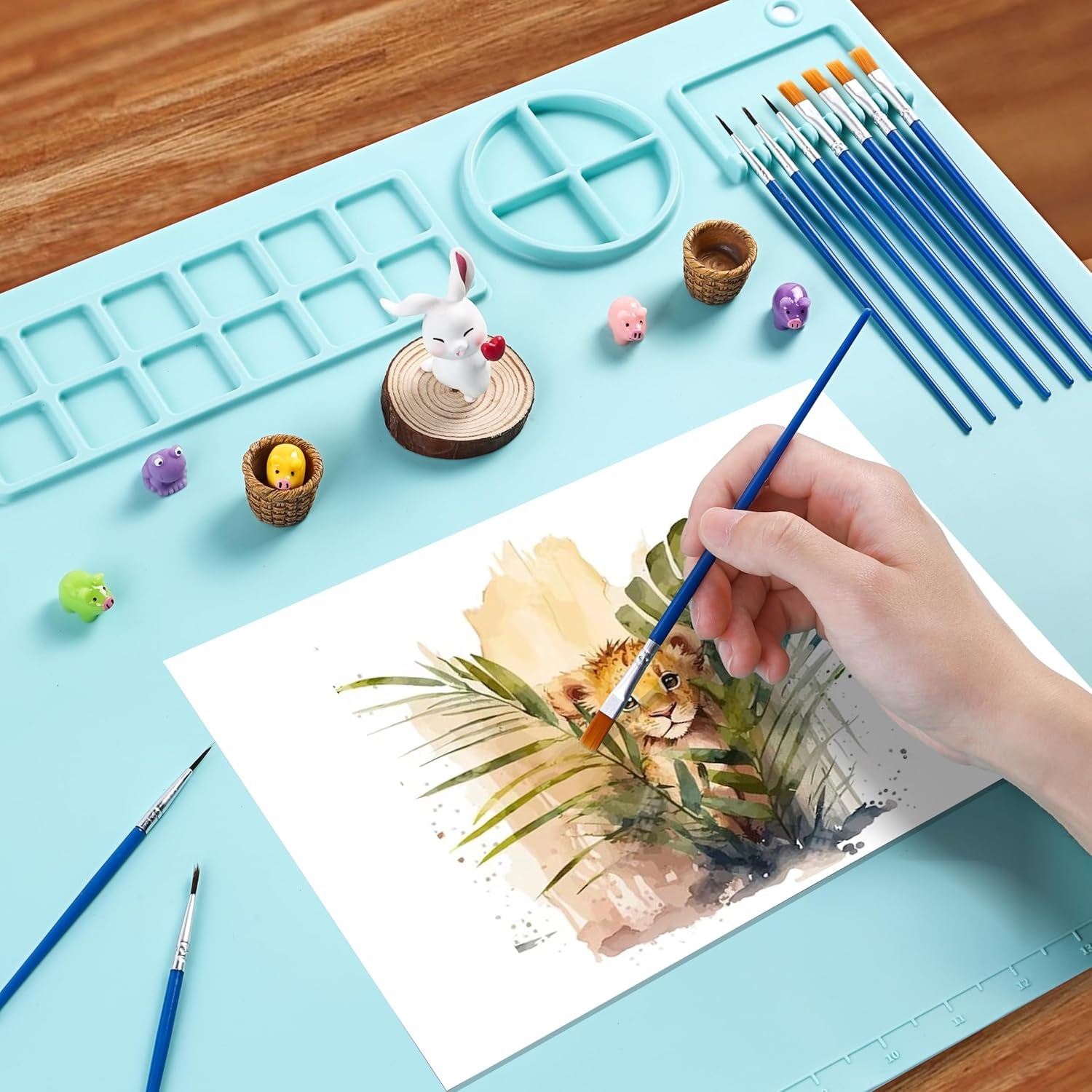 Silicone Craft Mat 20X16 Inch Large Silicone Art Mat with Detachable Cup Painting Mat with 10 Painting Brushes Silicone Drawing Mat Sheets for Kids Adult DIY Accessories (Blue)