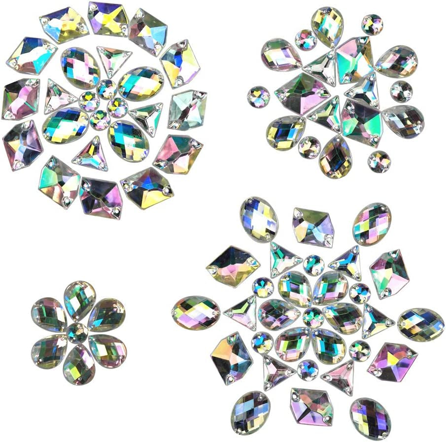 200PCS Crystal Gems AB Acrylic Flatback Sew on Diamante Rhinestones with Mixed Shapes for DIY Crafts Handicrafts Clothes Bag Shoes Decorations
