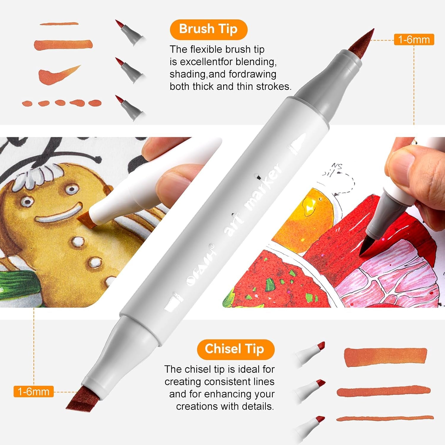 Brush Tip Alcohol Markers Set 72 Colors Dual Tip Alcohol Based Markers Brush Tip and Chisel Tip, Art Drawing Markers for Adult Coloring Books W/ 1 Blender