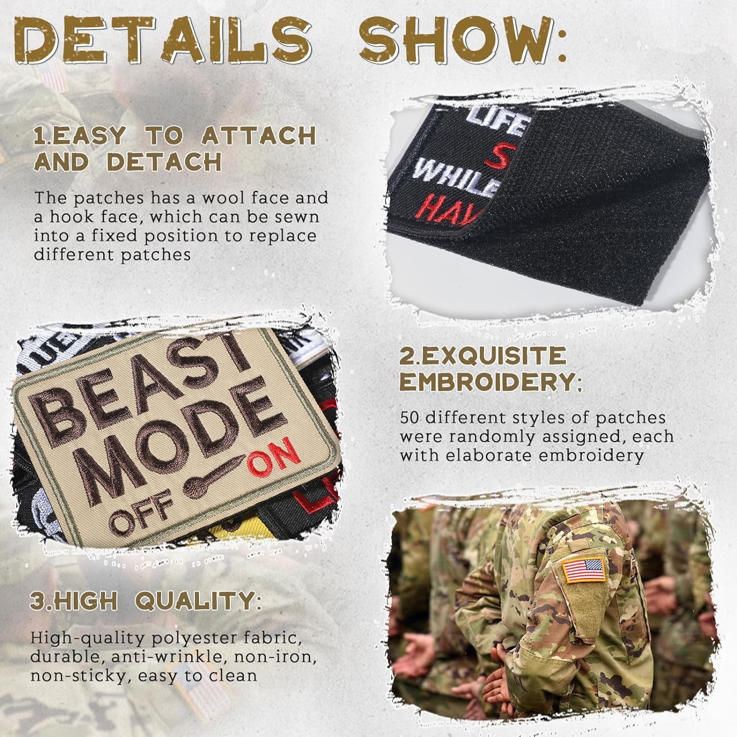 50 Pcs Random Funny Tactical Military Patches Set Tactical Flag Patch Bundle Army Patch Loop and Hook Patches Full Embroidered Appliques for Caps Tactical Vest Jackets Bags Backpacks