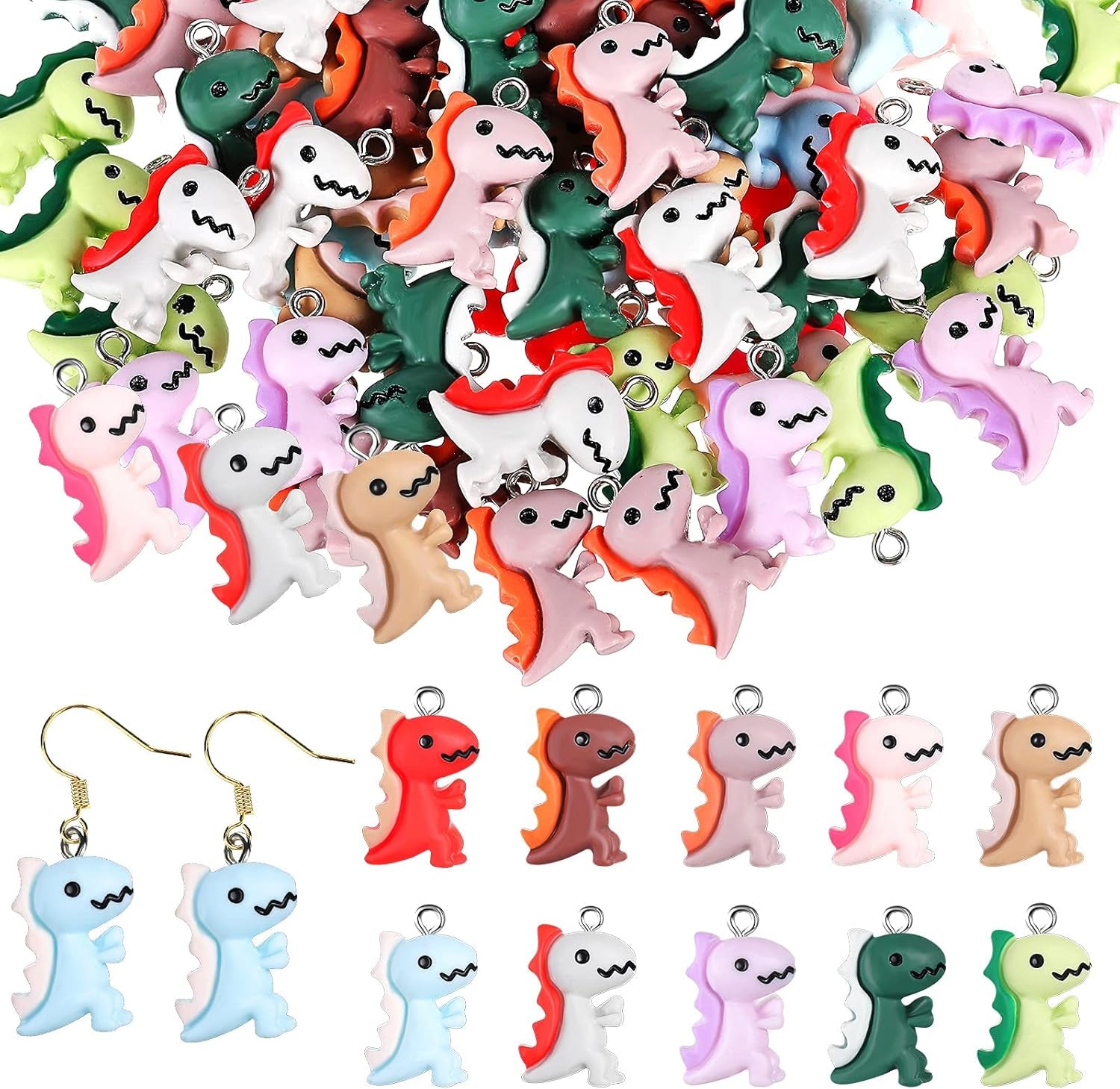 100 Pieces Dinosaur Charms for Jewelry Making, Cute Resin Dinosaur Pendants Charms for Girls Kids Earring Bracelet Necklace DIY Crafting, 10 Colors (Lovely Style)