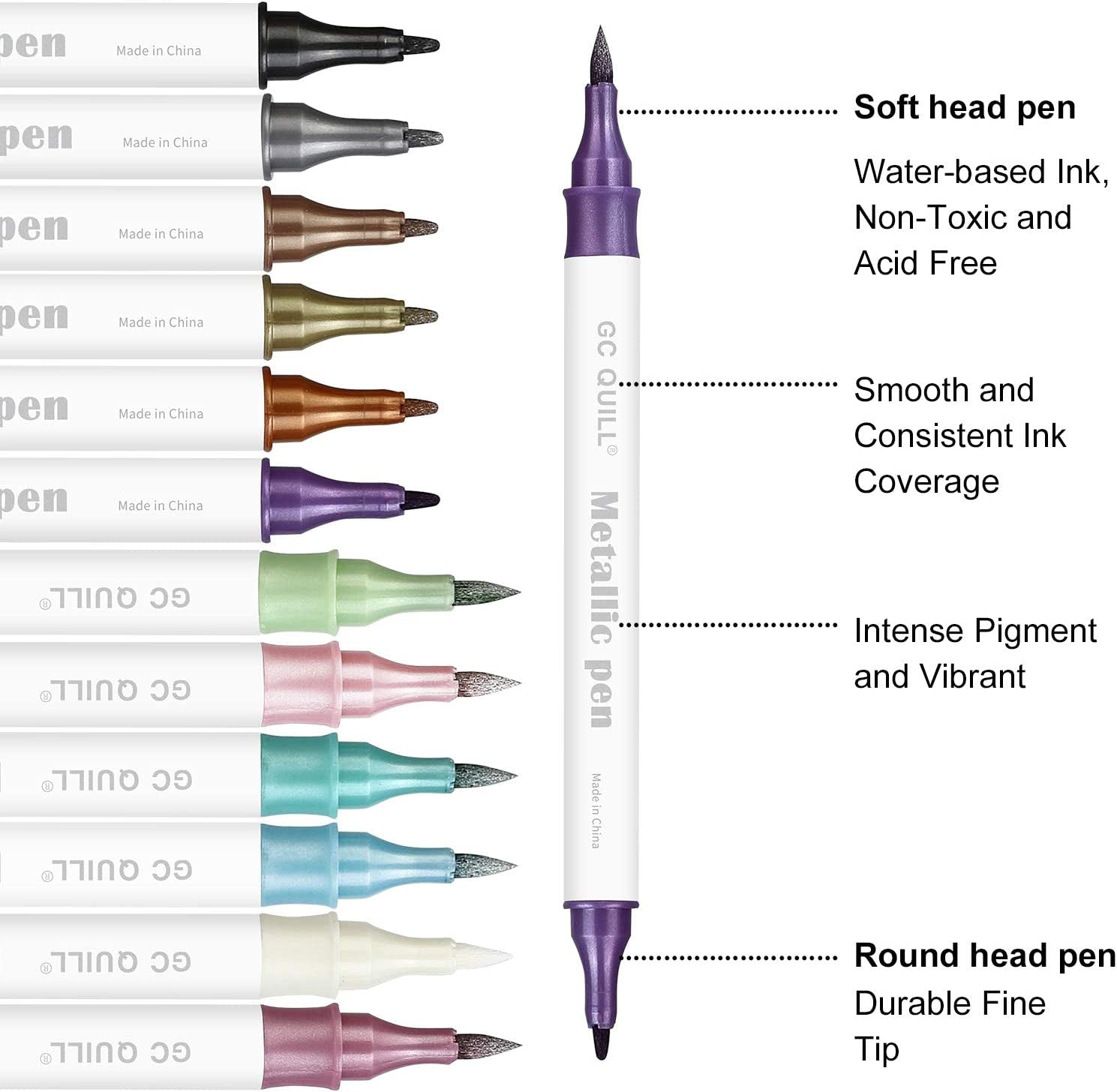 12 Colors Metallic Marker Pens - Dual Tip Brush and Fine Point Pens for DIY Album, Black Cards, Scrapbooking, Craft Supplies, on Ceramic, Stone, Glass, Fabric GC-MP12