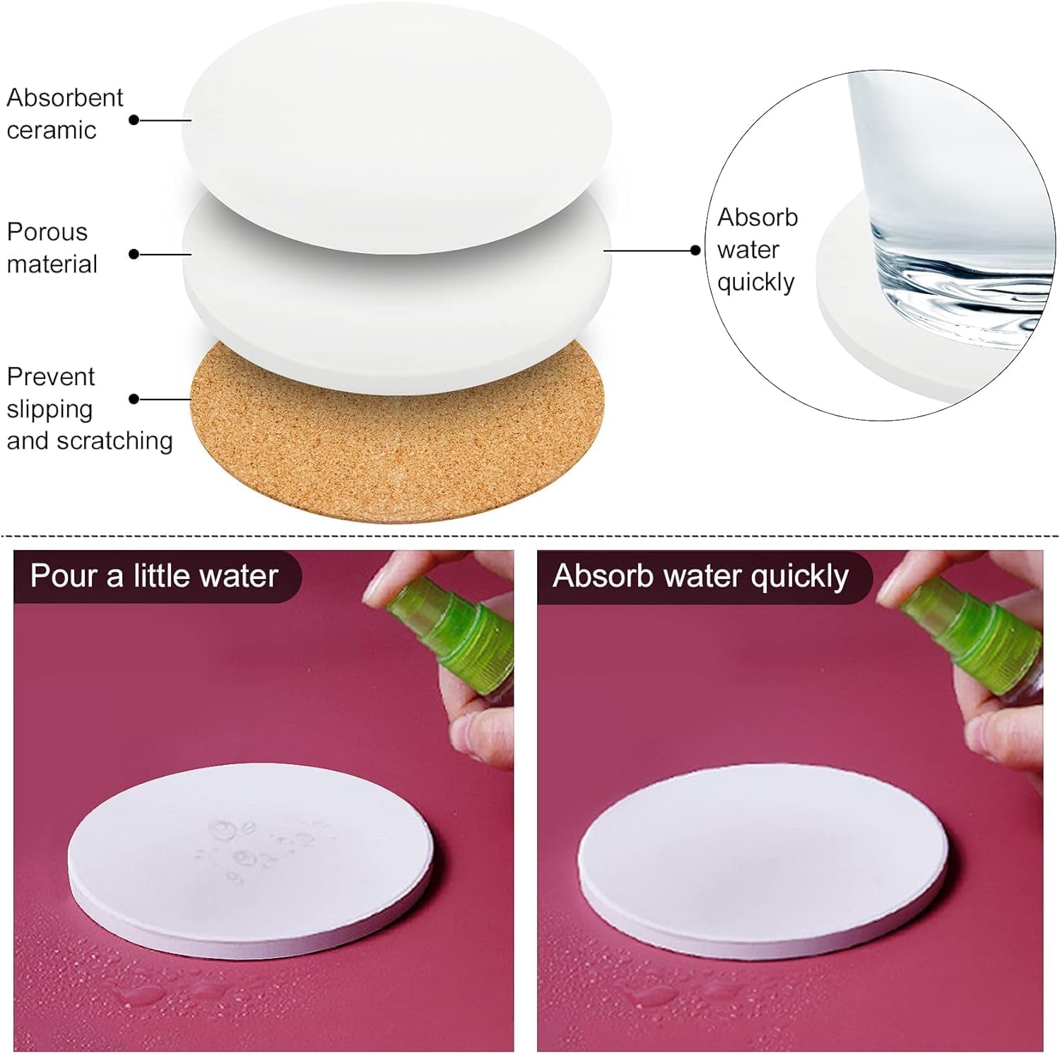 Ceramic Tile for Crafts Coasters, 24 Pack White Tiles Unglazed 4 Inch with 24 Pack Cork Backing Pads Includes Square and round Ceramic Coasters for DIY Arts Craft Project Coasters (24)