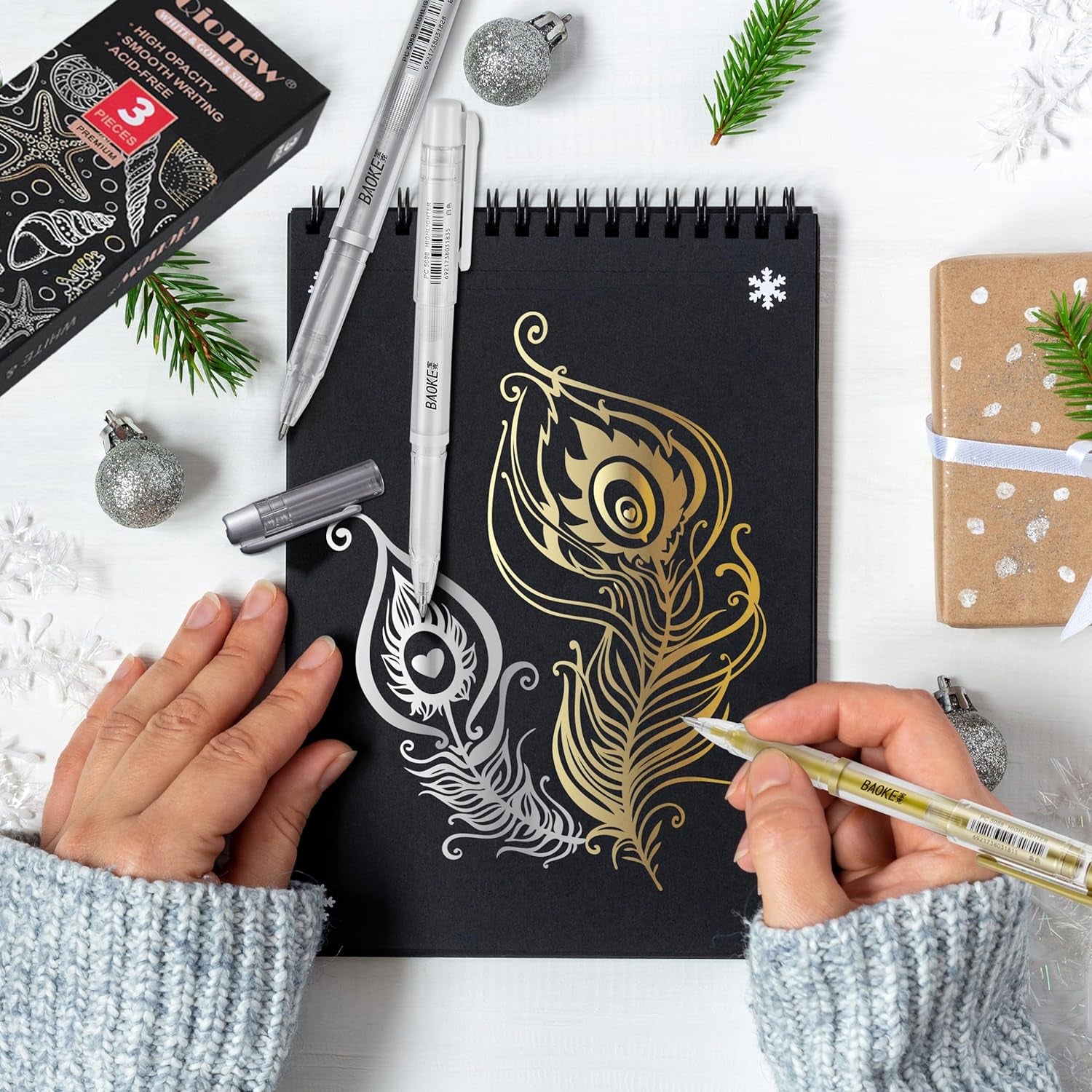 3 Colors Gel Pen Set - White, Gold and Silver .1Mm Extra Fine Point Pens Gel Ink Pens Opaque Archival Ink Pens for Black Paper Drawing, Sketching, Illustration, Card Making, Bullet Journaling