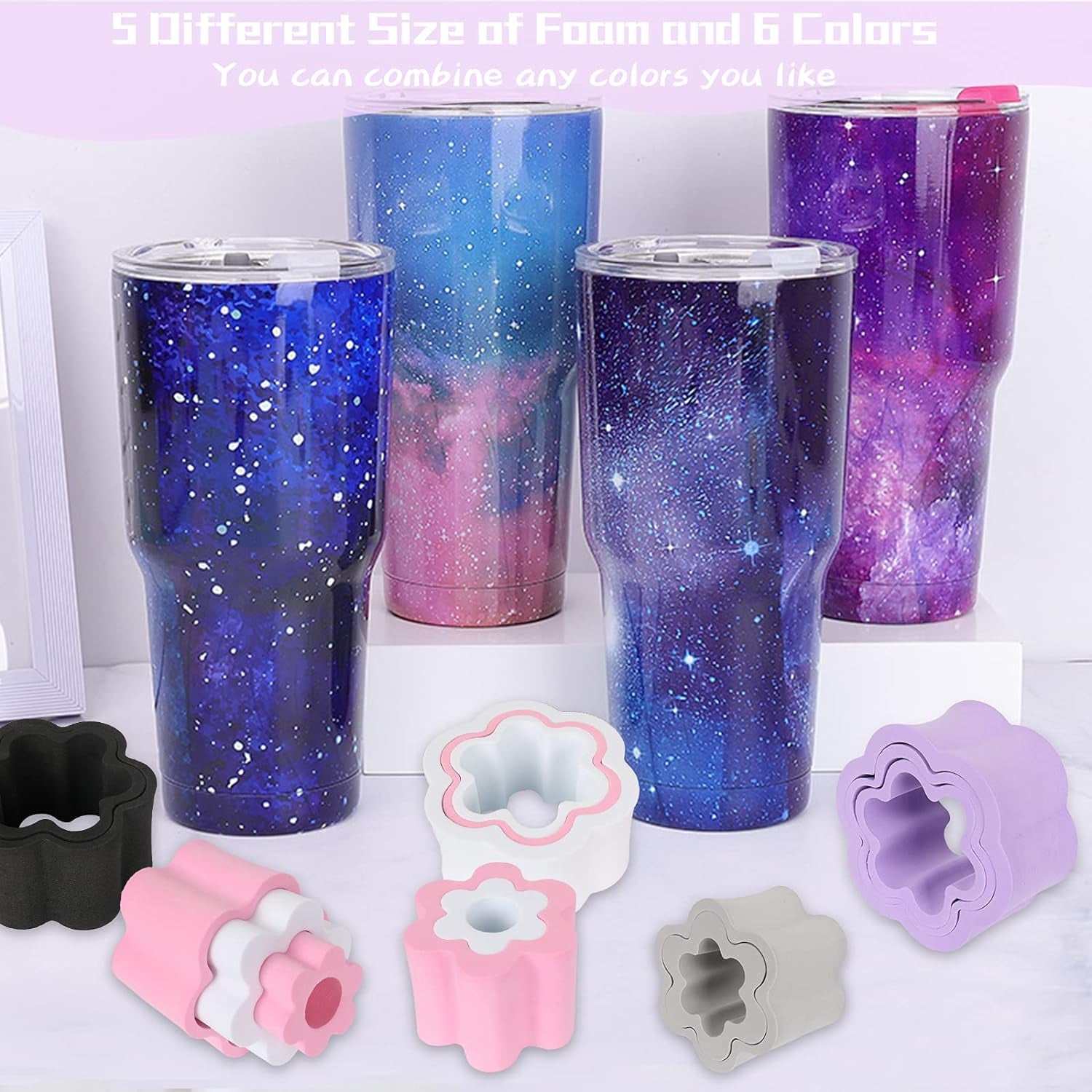 30 Pcs Cup Turner Foam Set-5 Sizes Cup Turner Inserts Expandable Spinner Sponge Cup Turner Accessories for Tumblers, Cola Shaped Water Bottles(1.57/2.44/2.83/3.18/3.74 Inch Diameter, 6 Colors) (B)