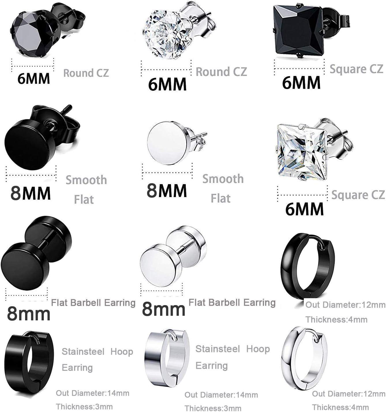 12 Pairs Stainless Steel CZ Stud Earrings Hoop Earrings Set Huggie Hoop Ear Piercing for Woman/Men/Teen Girls and Boys Gift