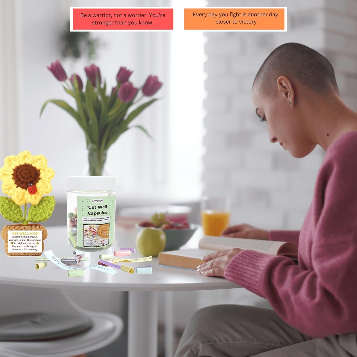 Get Well Soon Gifts - Positive Message Bottle and Knitted Positive Sunflower Crochet with Card Get Well Gifts for Women Men Patients after Surgery Cancer Chemo Sick Recovery Gifts Emotional Support