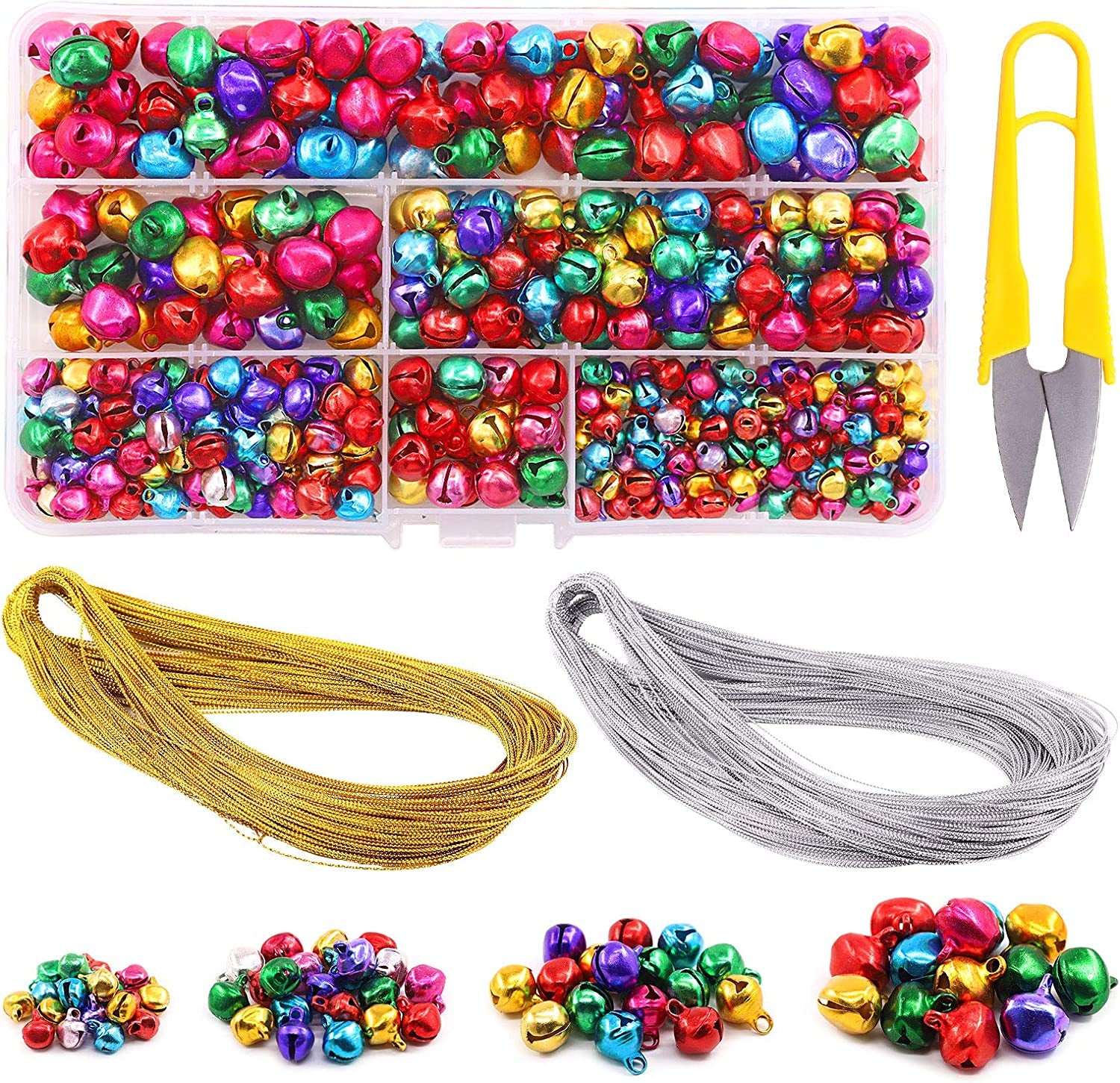 403Pcs Colorful 4 Sizes Christmas Jingle Bells Assortment Kit with 200M Gold Sliver Cord, Jingle Bells and Craft Bells, Perfect for Christmas Party Decorations Craft Decorations DIY Bells