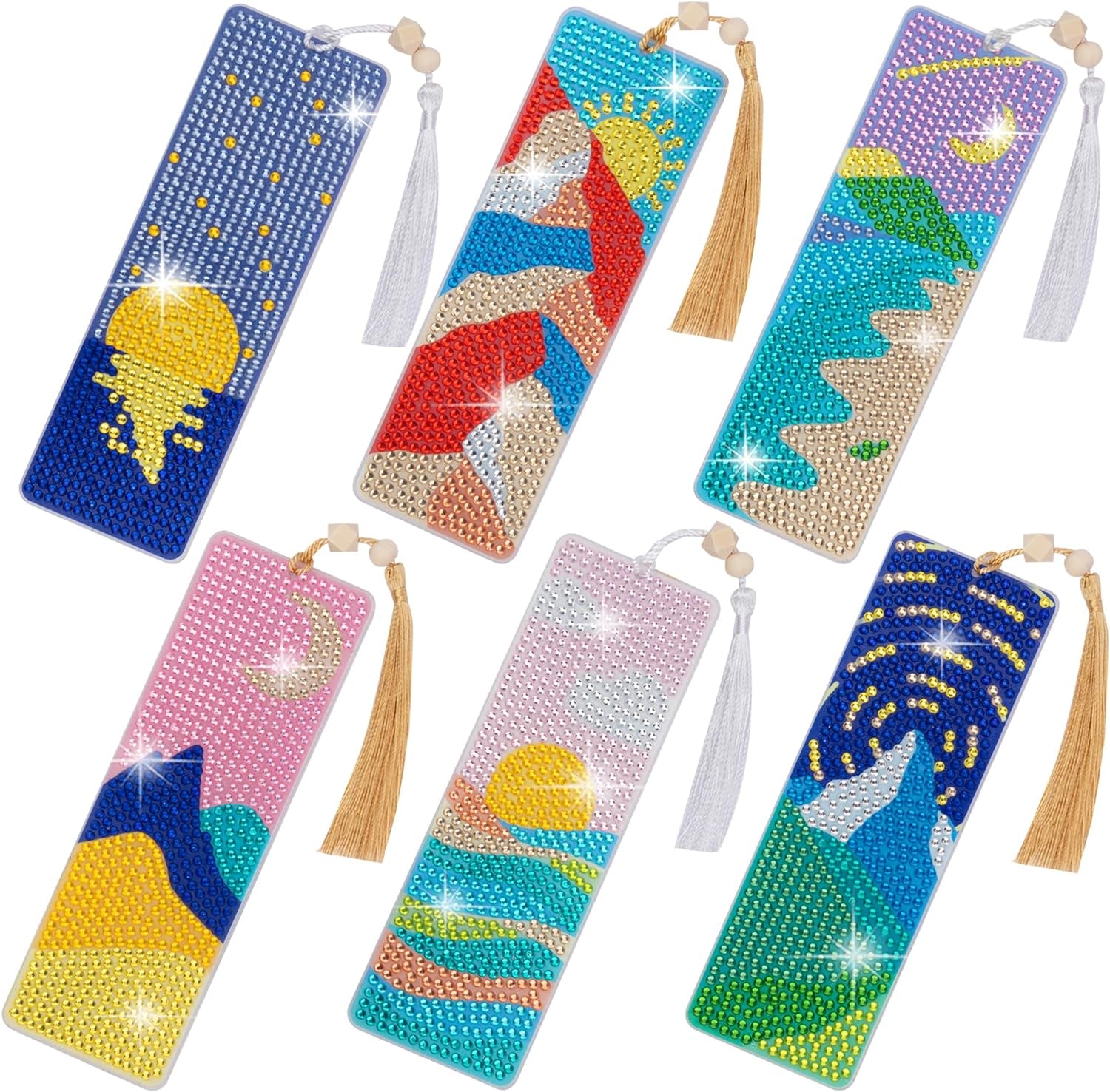 6 PCS 5D Diamond Painting Bookmarks Stained Glass Acrylic Diamond Art Bookmark with DIY Painting Kits Tassels &amp; Wood Beads Pendant Rhinestone Bookmarks
