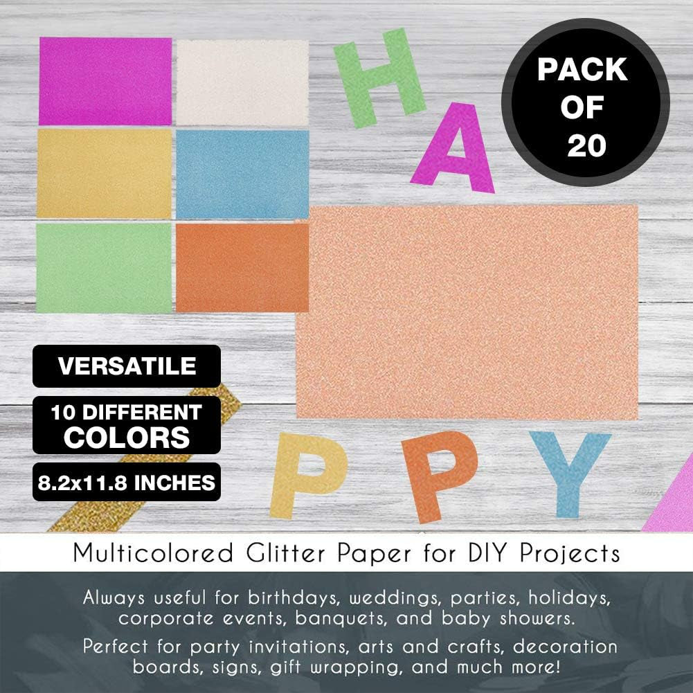 20 Sheets Glitter Cardstock Paper, 10 Colors Premium Glitter Paper for Crafts, 250GSM Sparkly Card Stock Paper for Card Making, Scrapbooking, DIY Projects, 8.5 X 11 Inches