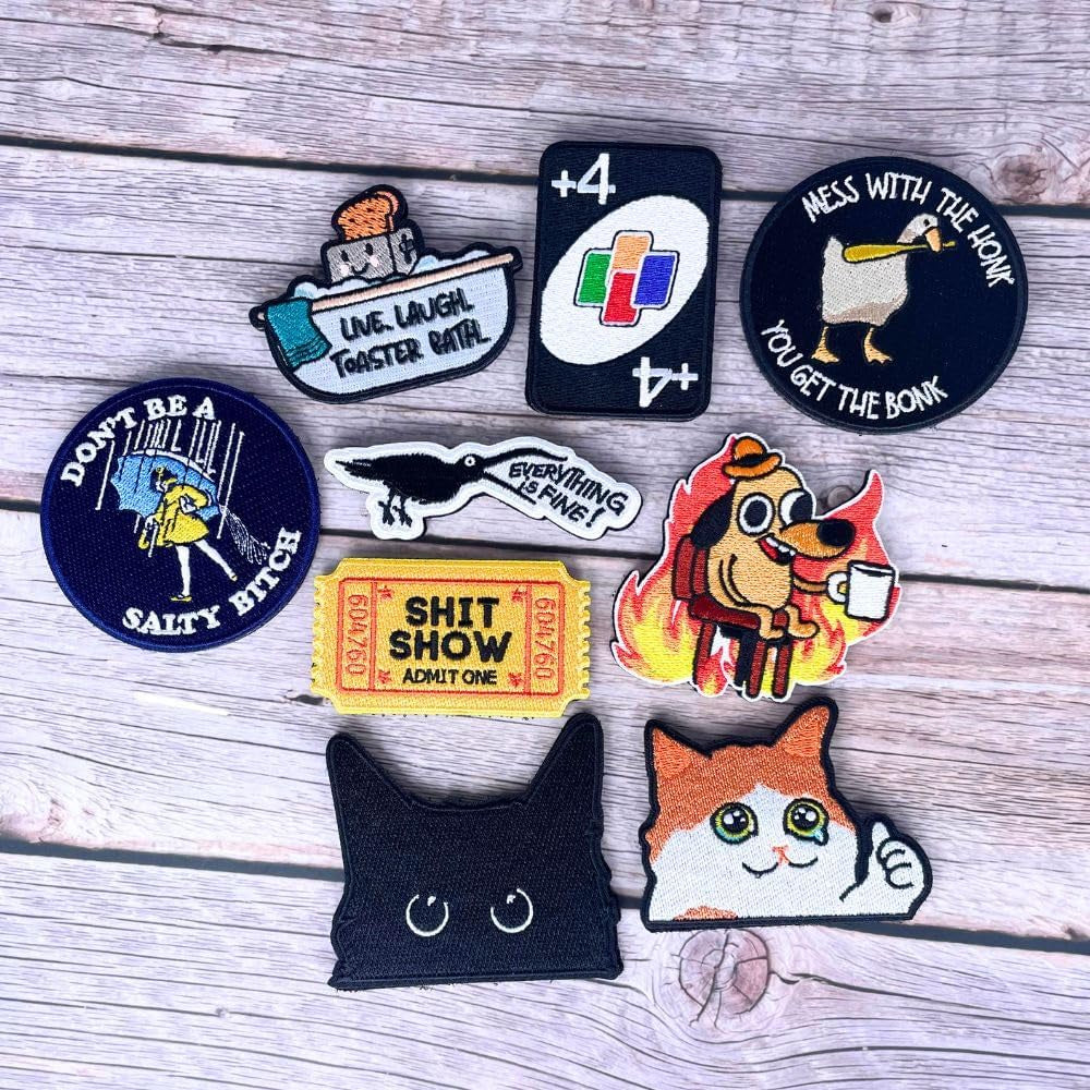 9PC Funny Patches Hook &amp; Look for Backpack Jacket Airsoft Bag Vest | Humor Large Big Patch for Morale Tactical Military This Is Fine Dog Don’T Be Salty Cat Meme Duck Fun Cute Gifts