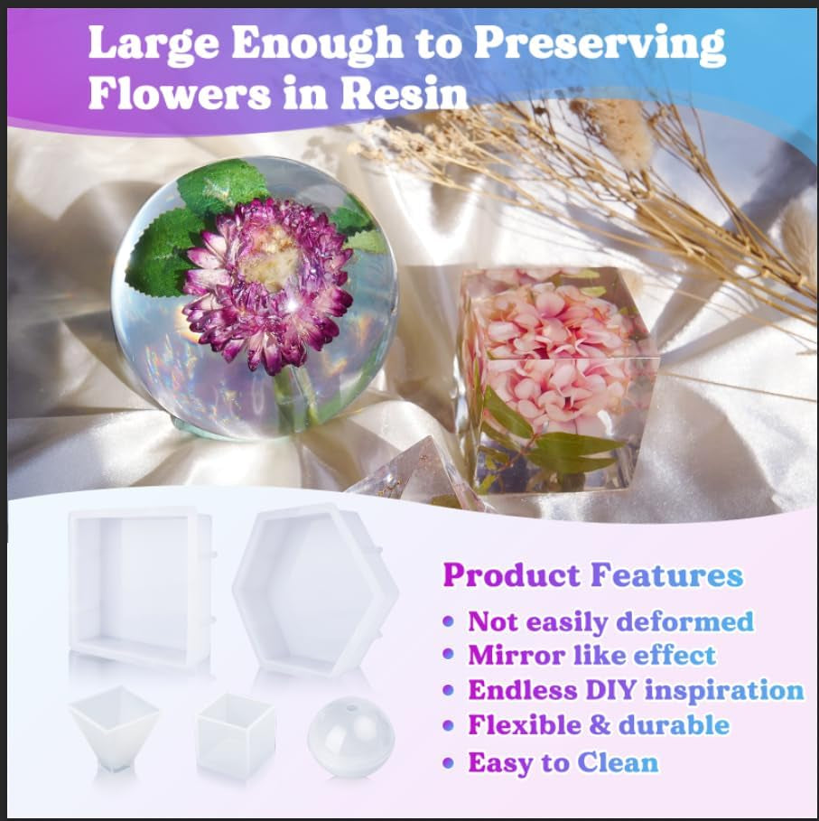 Large Resin Molds,Resin Flower Preservation Molds with Hexagon Square Large Epoxy Molds,Cube Sphere Pyramid Regular Silicone Molds for Resin,Wedding Bouquet Keepsakes,Bookend,Home Décor