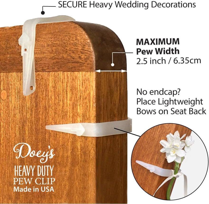 Church Pew Clips and Bow Holders - Wedding Decorations Made in USA Heavy Duty Plastic Hooks Attach Pew Bows, Flowers, Signs, Tulle to Aisle Chairs, Pew Ends, Tables, Railings (Pack of 12)