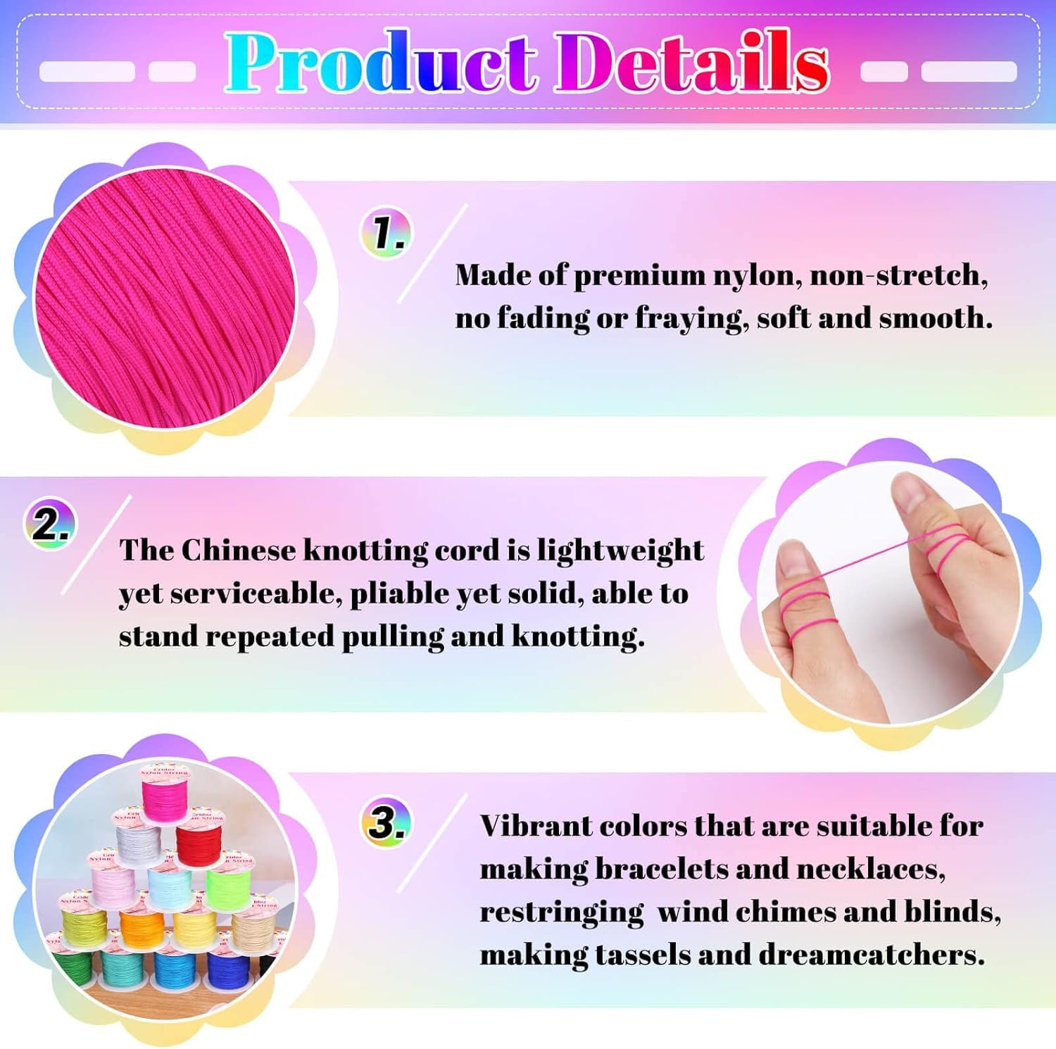 Nylon String for Bracelets,  20 Rolls Chinese Knotting Cord Nylon Beading Thread for Kumihimo, Braided Bracelets, Beading, Necklaces, Macrame Craft, Wind Chime, Jewelry Making