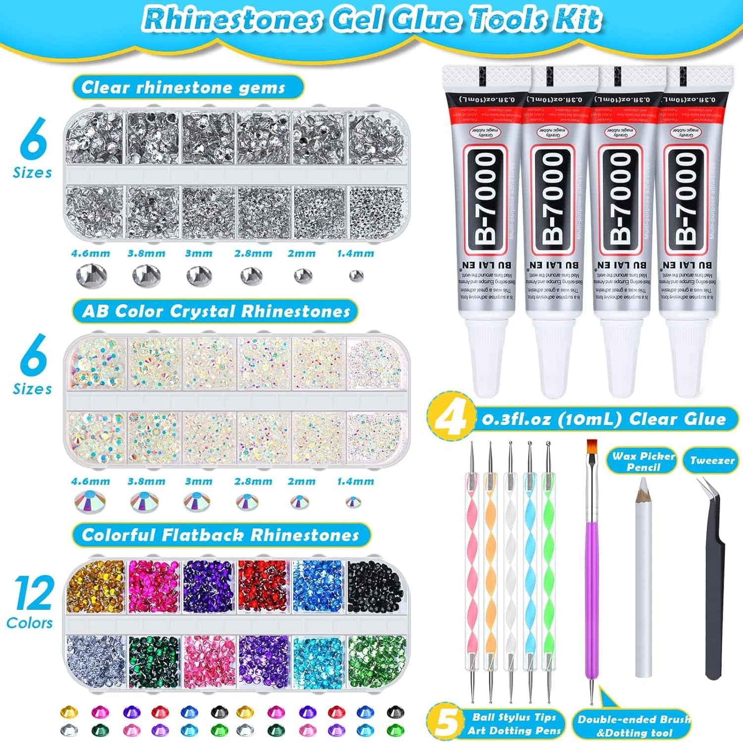 B7000 Jewelry Glue with Rhinestones for Crafts, 4500Pcs Rhinestones with Gems Adhesive for Shoes Cloth Fabric with Picker Pencil for Crafting Diamond Art Graduation Cap Decorations