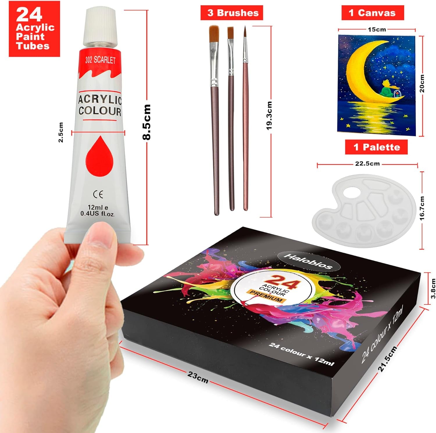 Acrylic Paint Set with 3 Paint Brushes, 24×12Ml Colors Premium Paint Set with 1 Palette 1 Canvas Boards, Art Painting Kits for Adults, Paint Supplies for Canvas Rock Painting Craft Art Class