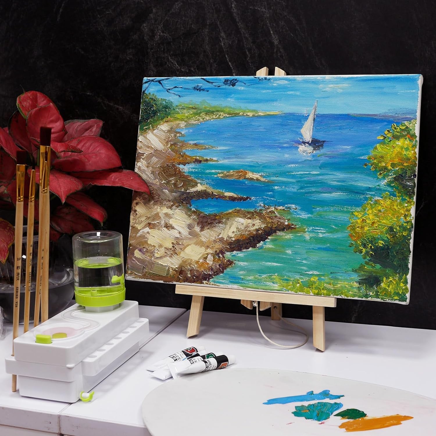 Paint Brush Cleaner, Brush Rinser with Drain and Brush Holder, Upgrade Water Circulation Paintbrush Cleaner Rinser for Acrylic, Watercolor, Water-Based Art Supplies Paint Brush Cleaner Tool, Green