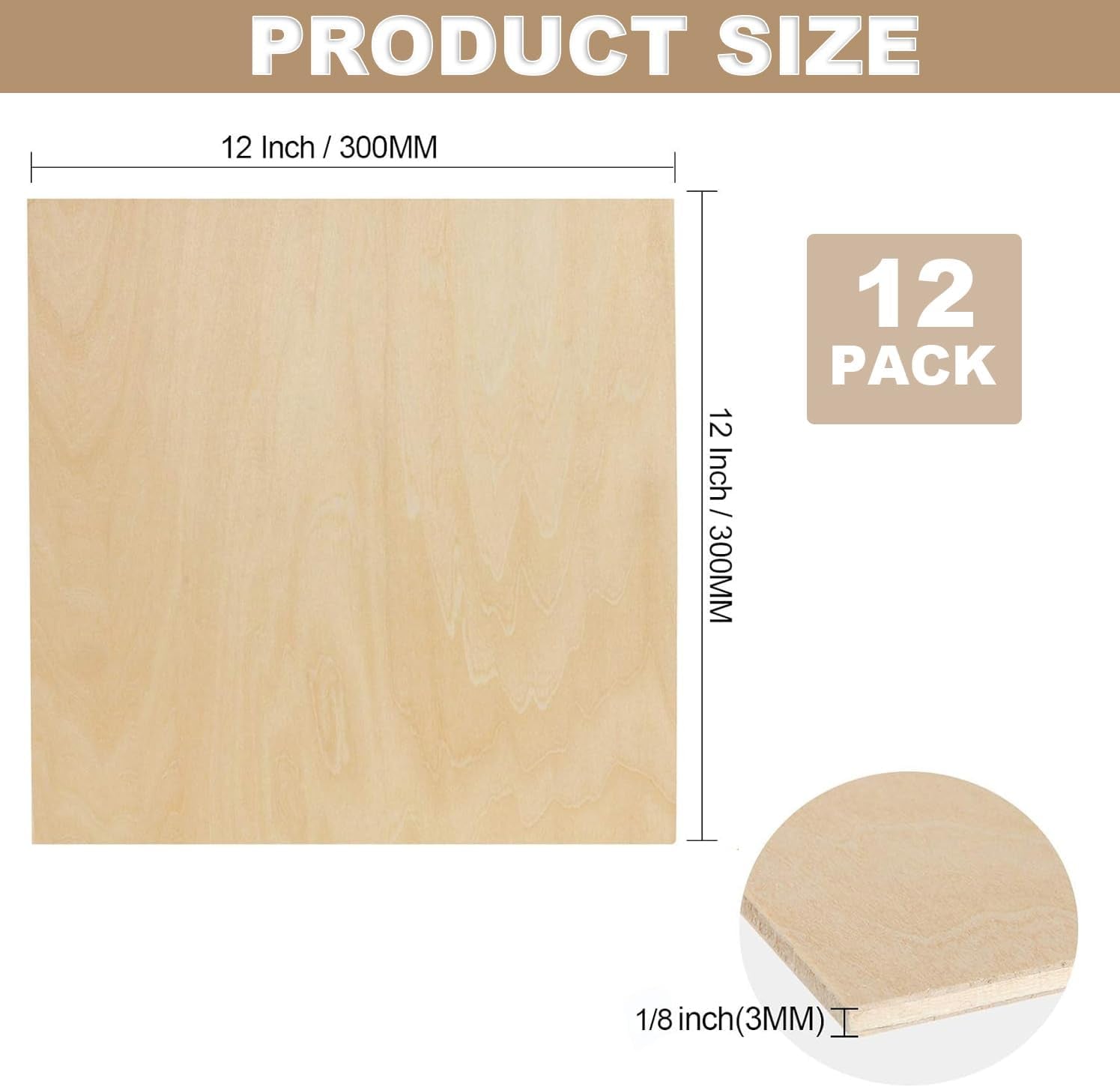 12 Pack Basswood Sheets 1/8 Inch Plywood 3Mm Basswood Sheets, Square Unfinished Wood Boards Sheets for Crafts, DIY Project, Mini House Building Architectural Model Making 11.8 × 11.8 Inch