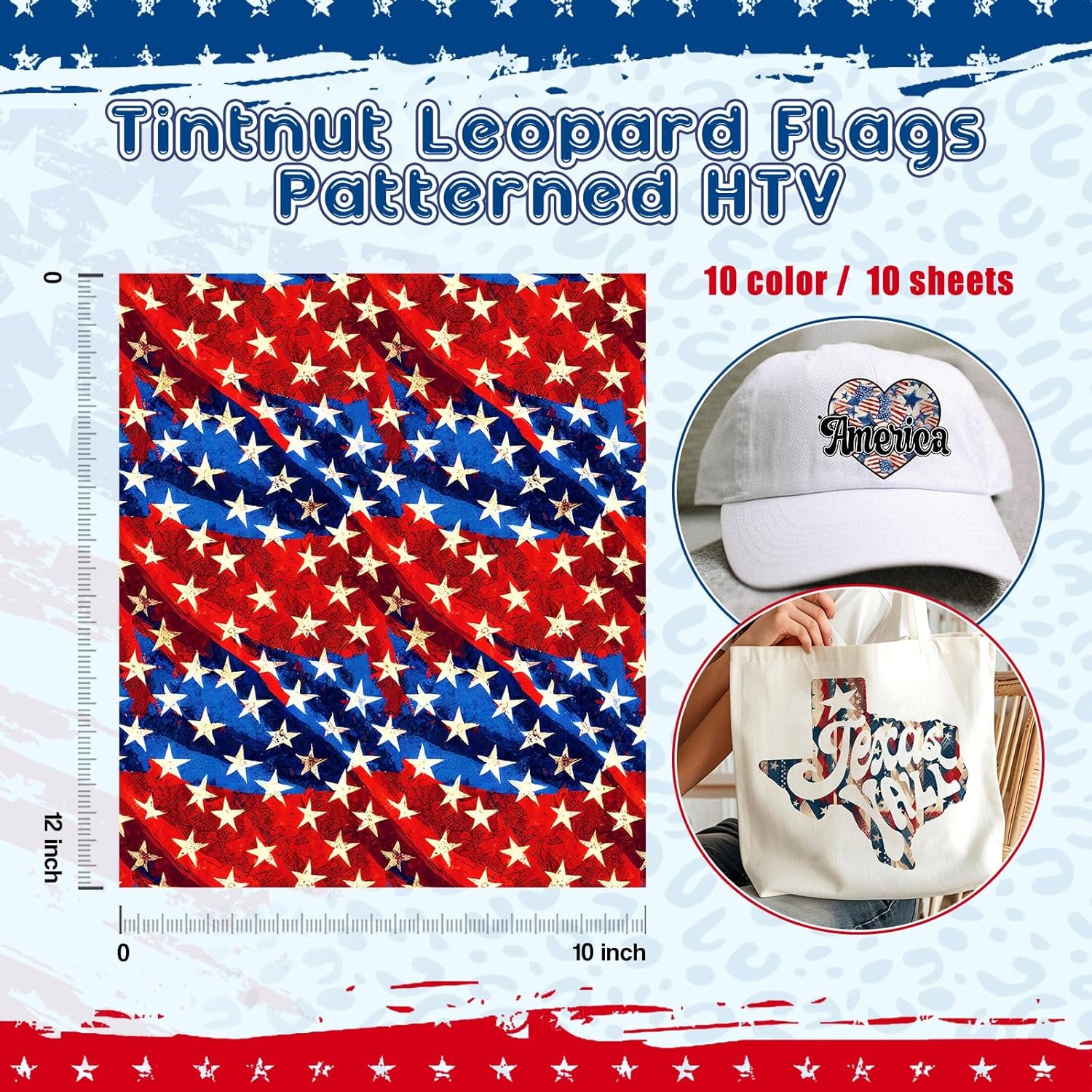 4Th of July American Flag HTV Vinyl - 10 Pcs 12Inches X10 Inches US Flag Patterned HTV Patriotic HTV Heat Transfer Vinyl Red White Blue HTV Iron on Vinyl Compatible with Cricut/Cameo