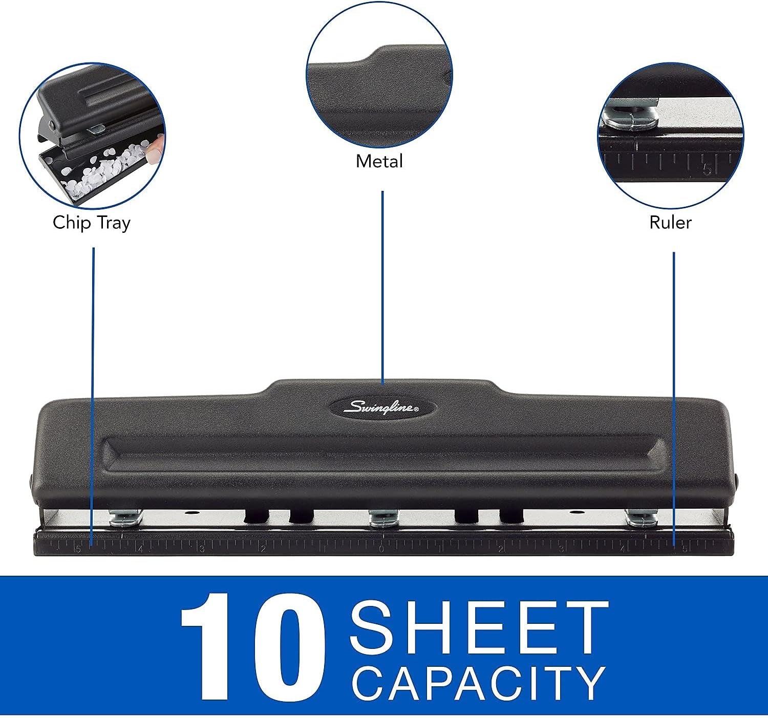 3 Hole Punch, 10 Sheet Capacity Three Hole Puncher 3 Ring, Adjustable 2-3 Hole Paper Punch, Black (74015)