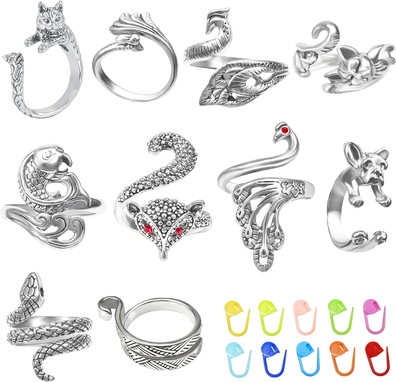 10 Pcs Crochet Rings Crochet Tension Rings for Finger Crocheting Knitting Adjustable Yarn Rings and 10 Pcs Stitch Marks with Plastic Box for DIY Craft