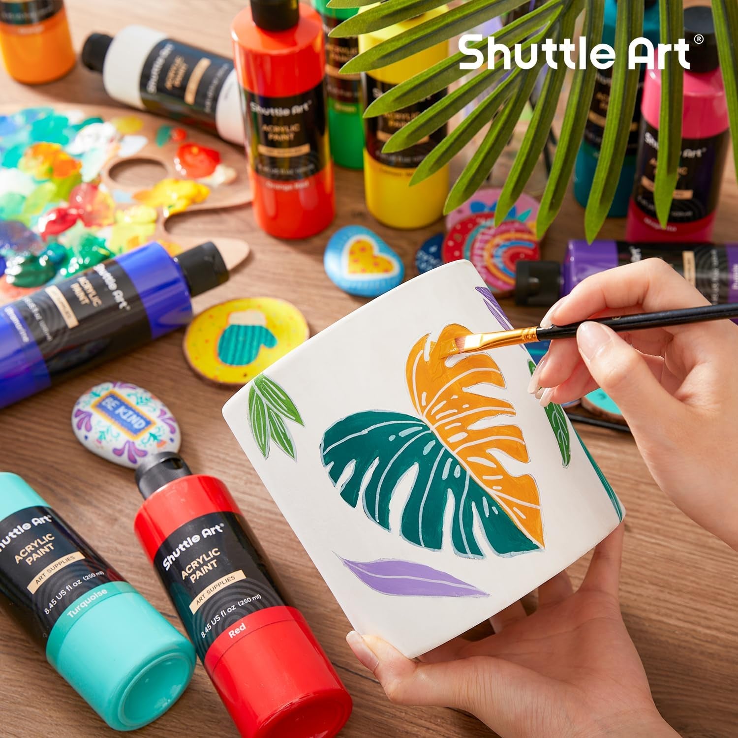 18 Colors Acrylic Paint Bottle Set (250Ml/8.45Oz), Rich Pigmented Bulk Painting Supplies for Artists, Beginners and Kids on Rocks Crafts Canvas Wood Ceramic