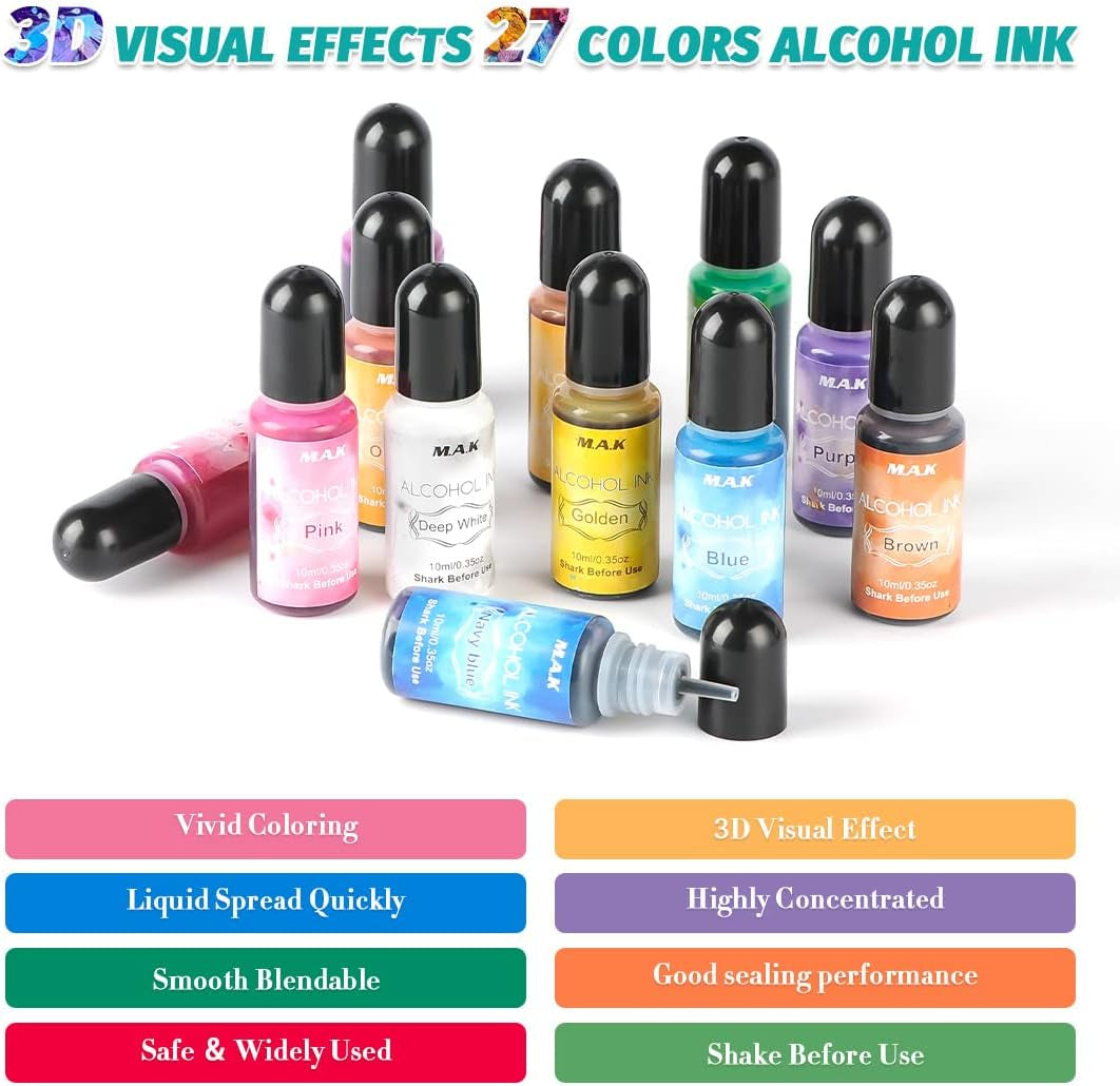 Alcohol Ink Set 27 Vibrant Colors,Epoxy Resin Paint Colour Dye, Concentrated Alcohol-Based Ink Pigment for Resin Petri Dish, Coaster, Resin Art, Tumbler Making, Acrylic Painting - 0.35Oz Each