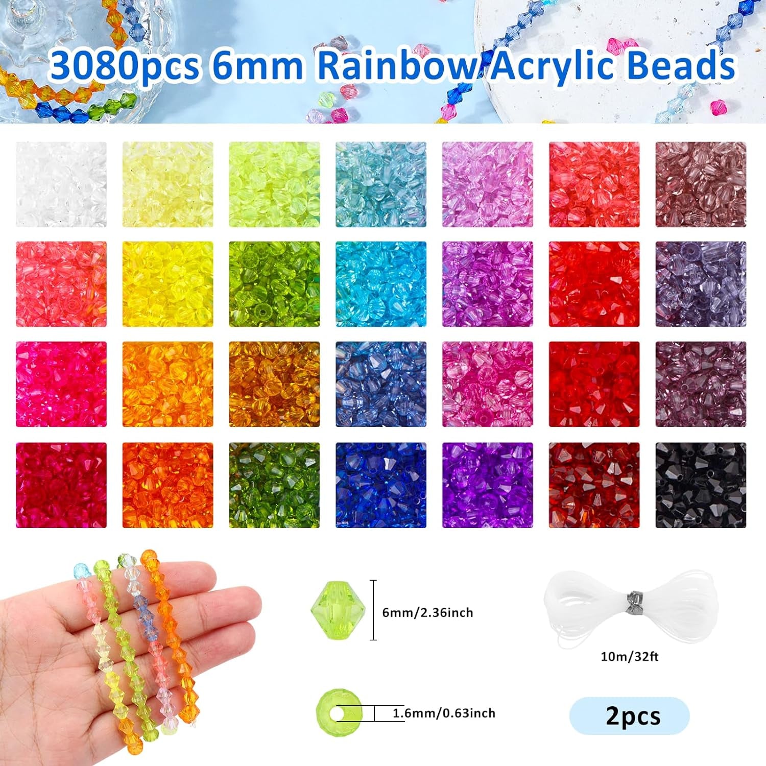 3080Pcs Crystal Beads,Rainbow Acrylic Beads Faceted 6Mm 28 Colors Bicone Colorful Spacers Bulk for Bracelet Necklace Jewelry Making DIY Craft