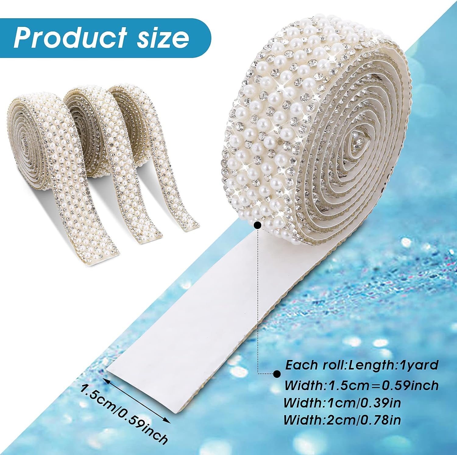3 Rolls Pearl Ribbon Self Adhesive Pearl Rhinestone Ribbon Pearl Stickers Crystal Pearl Strips Rhinestone Strips Pearl Trim for Crafts DIY Wedding Birthday Party Phone Shoes Decoration