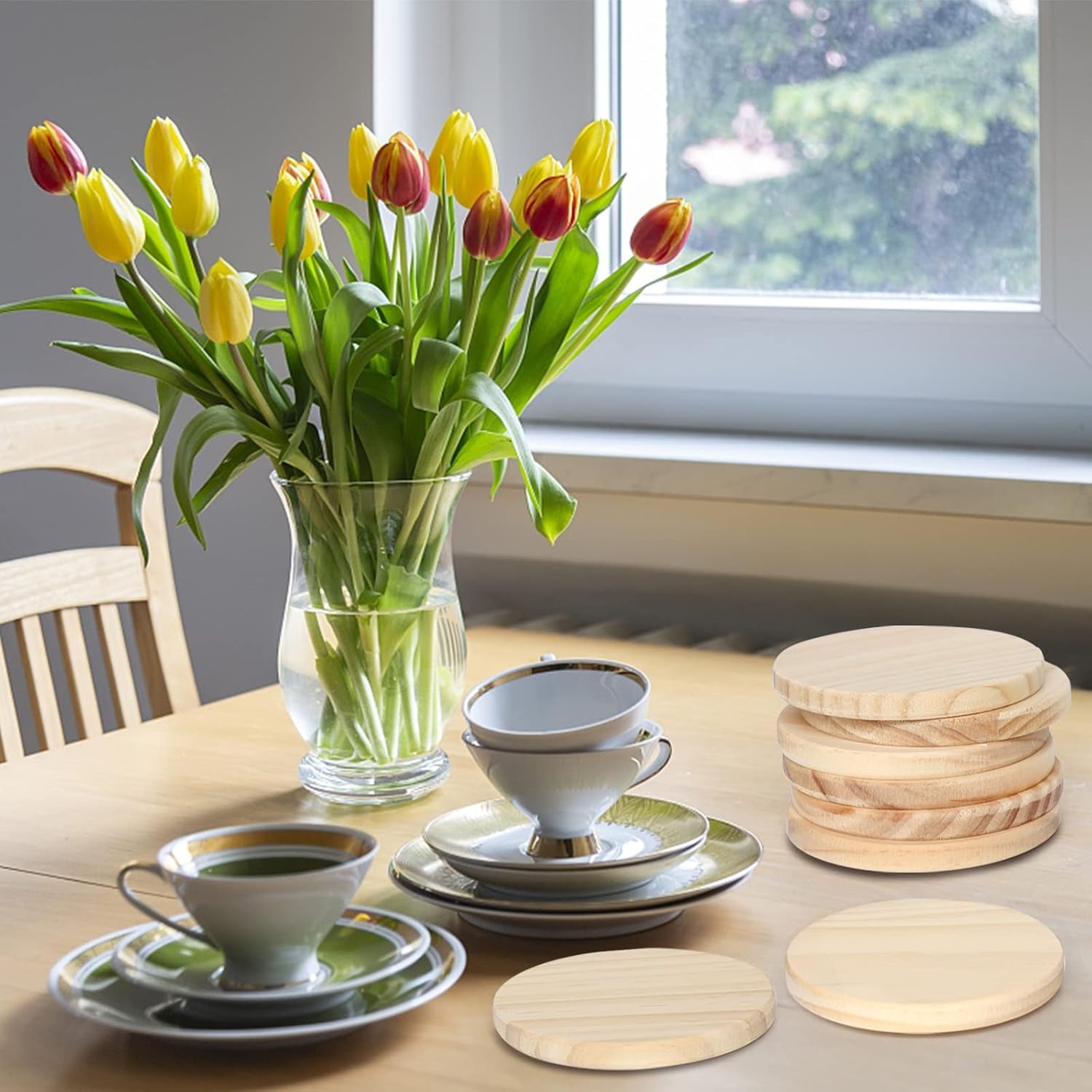 30 Pieces Unfinished Wood Coasters, 4 Inch round Blank Wooden Coasters for Crafts with Non-Slip Silicon Dots for DIY Stained Painting Wood Engraving Home Decoration